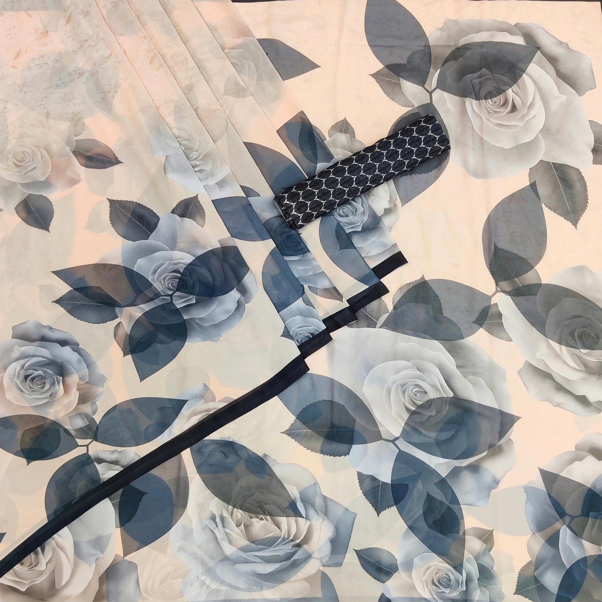 Cream Digital Printed Georgette Saree - Peachmode