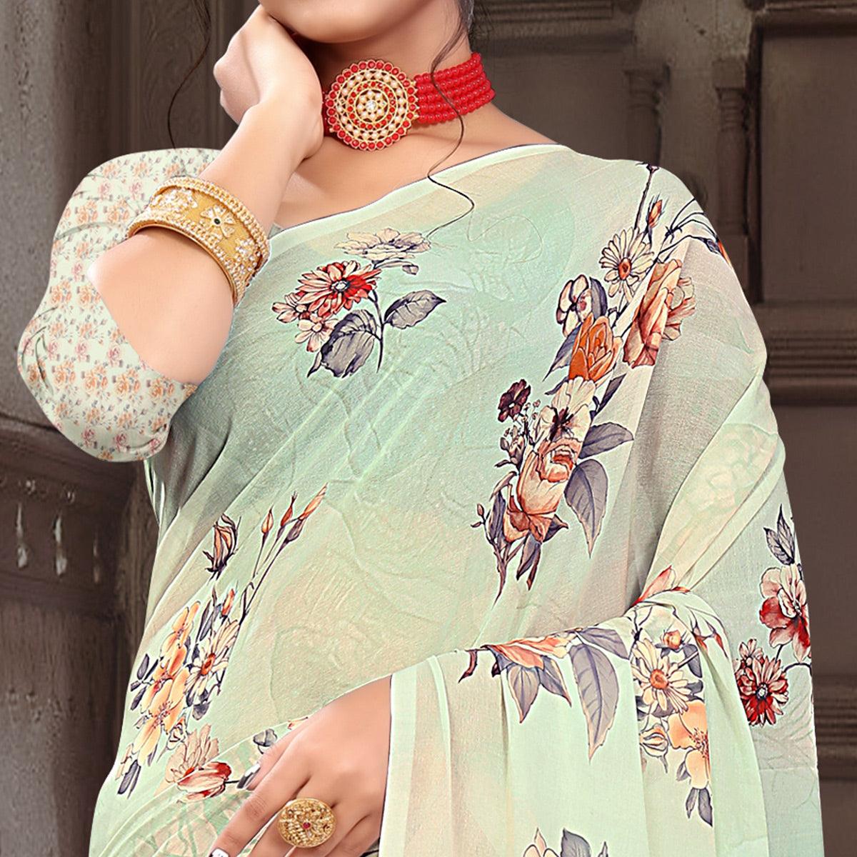 Cream Digital Printed Georgette Saree - Peachmode