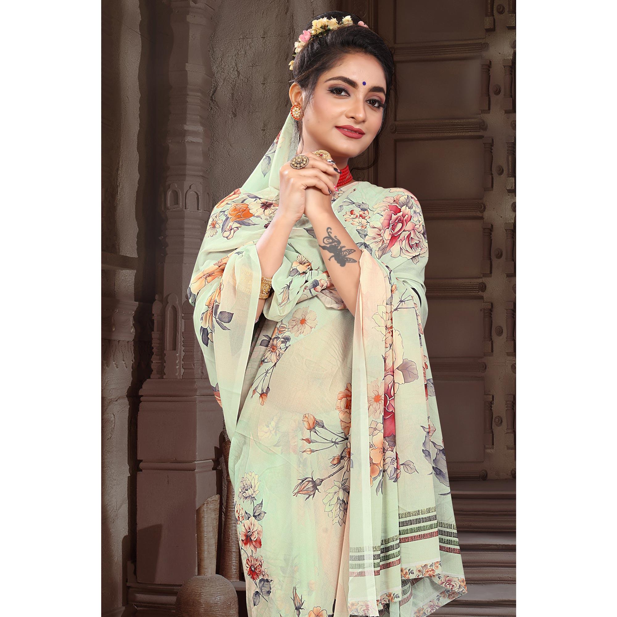 Cream Digital Printed Georgette Saree - Peachmode
