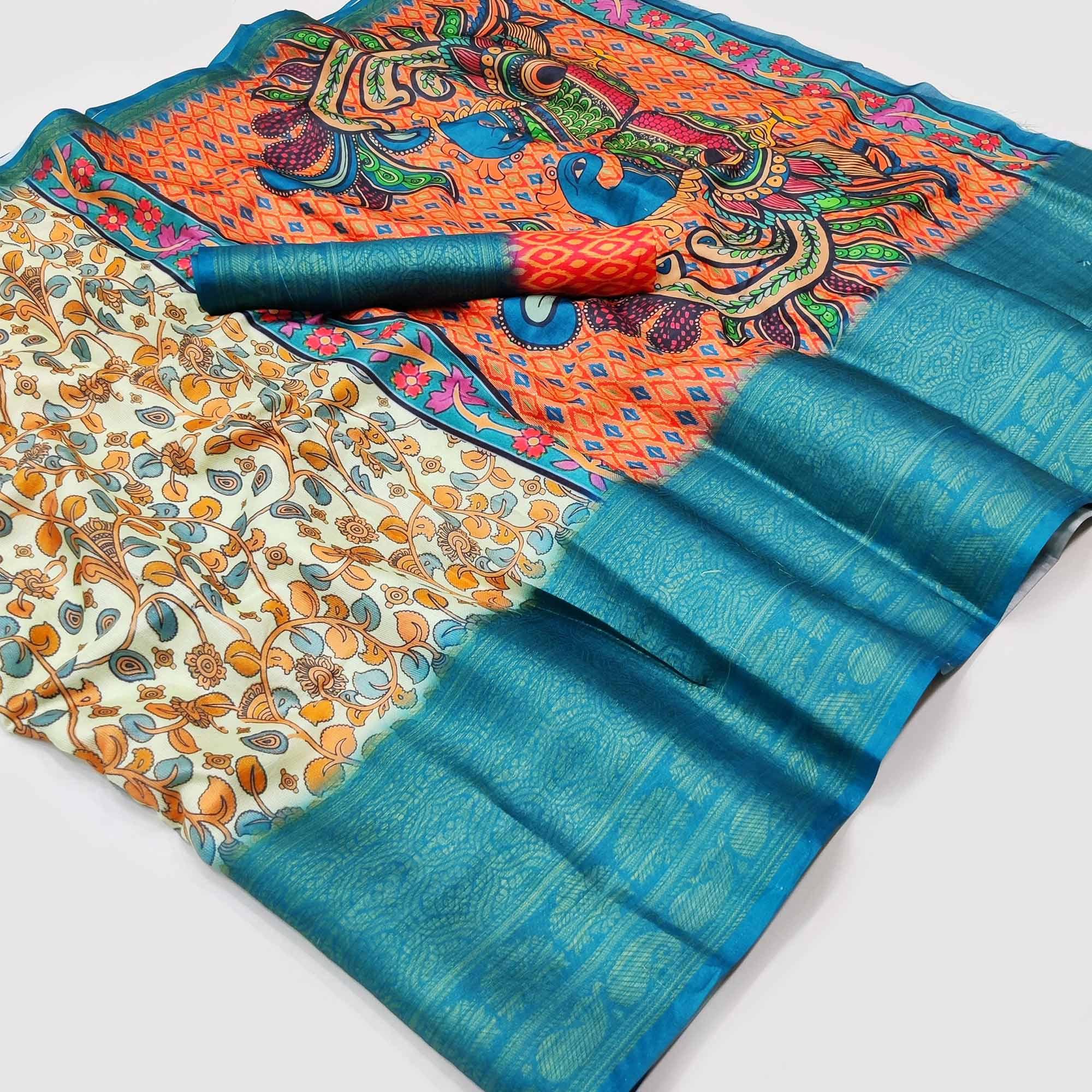 Cream Digital Printed Khaadi Saree - Peachmode