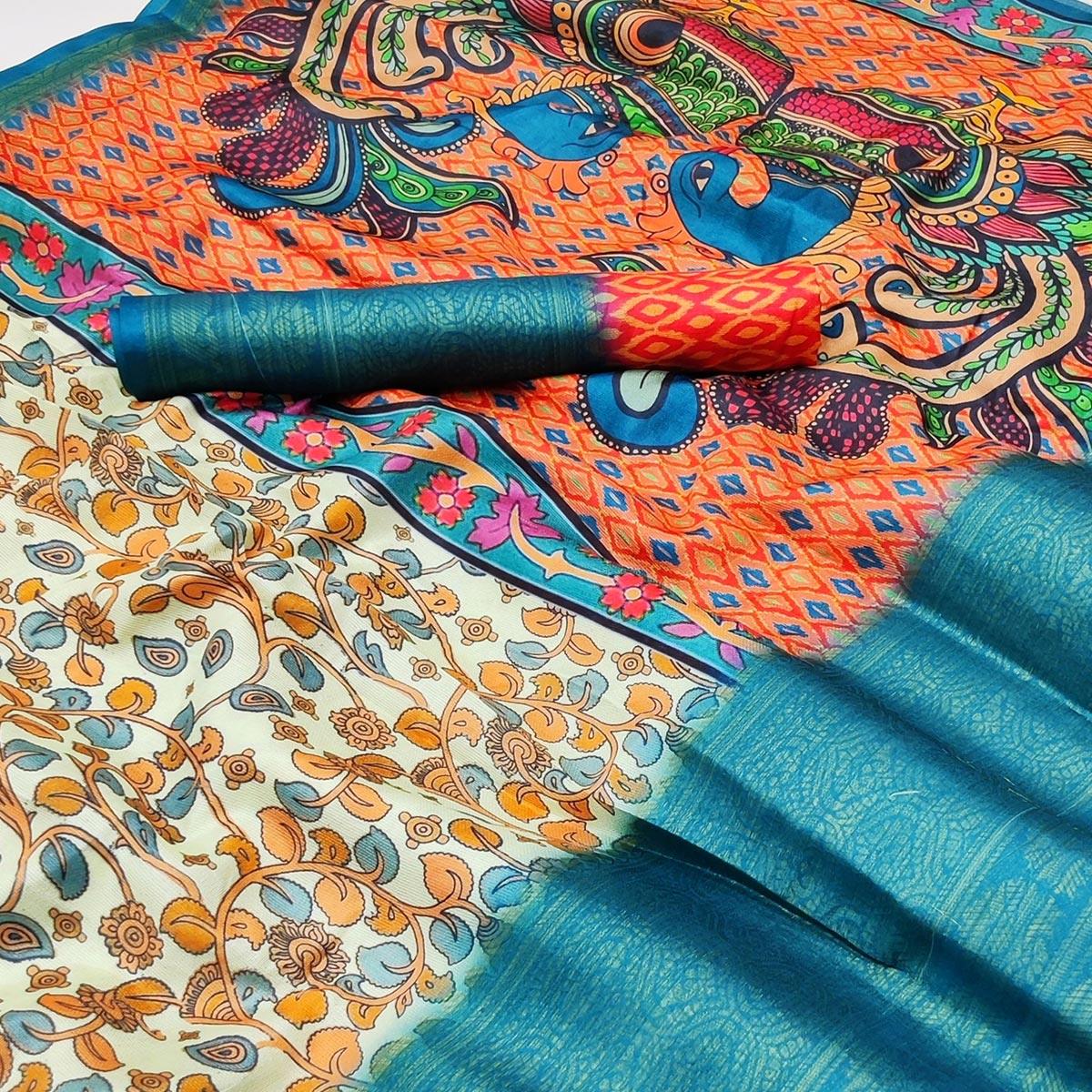 Cream Digital Printed Khaadi Saree - Peachmode