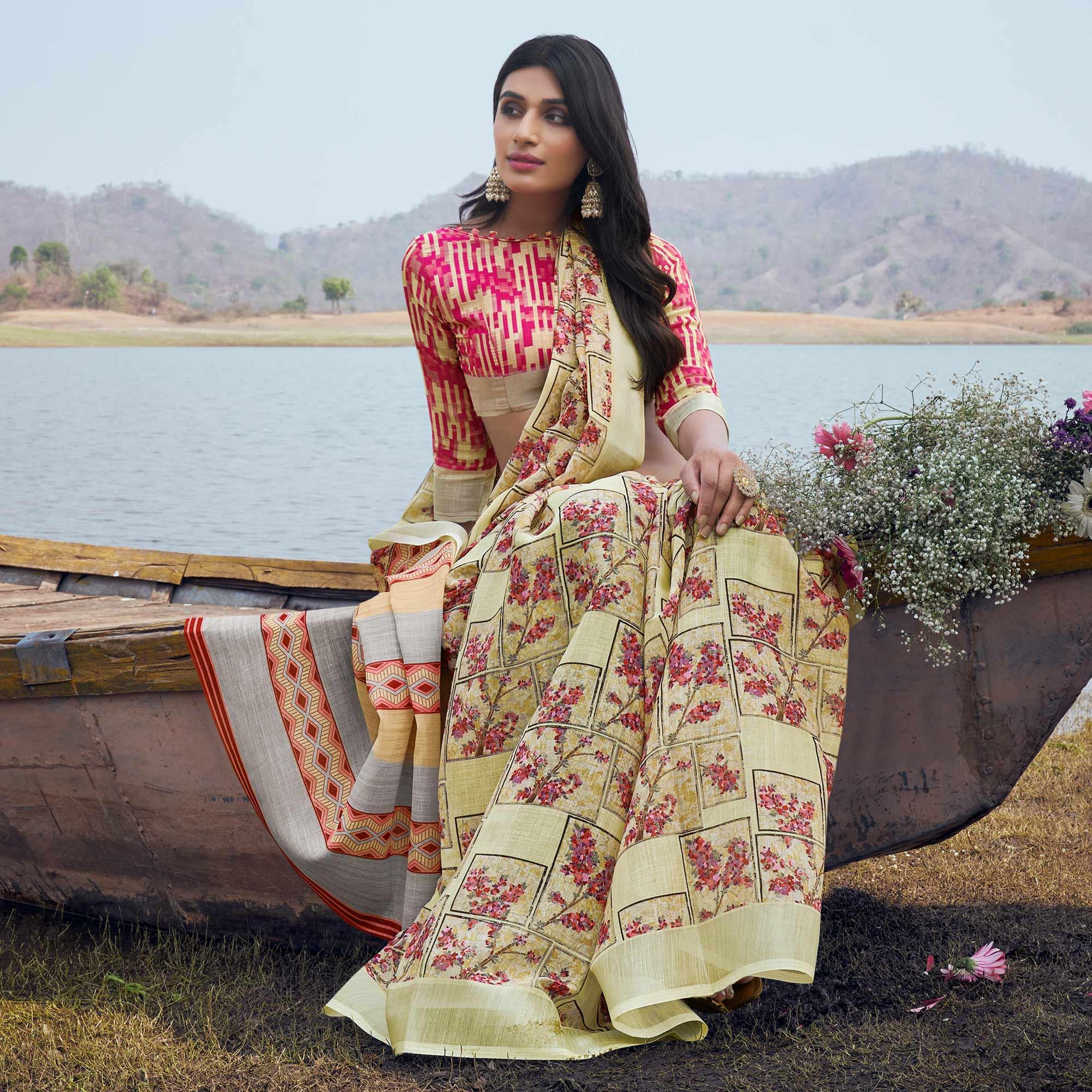 Cream Digital Printed Linen Saree - Peachmode