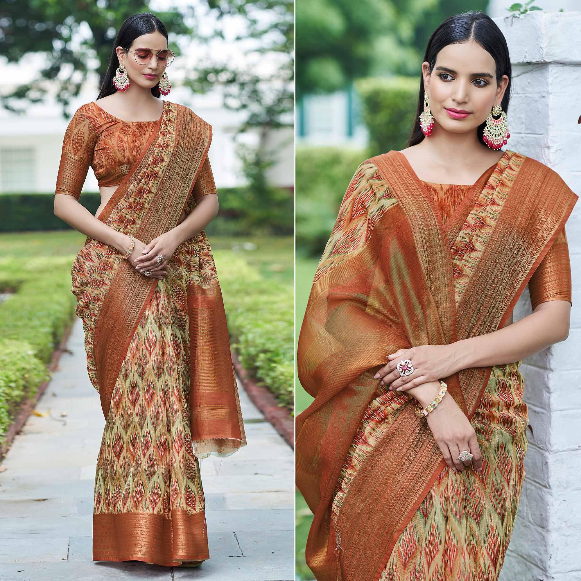 Cream Digital Printed Linen Saree - Peachmode