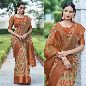 Cream Digital Printed Linen Saree - Peachmode