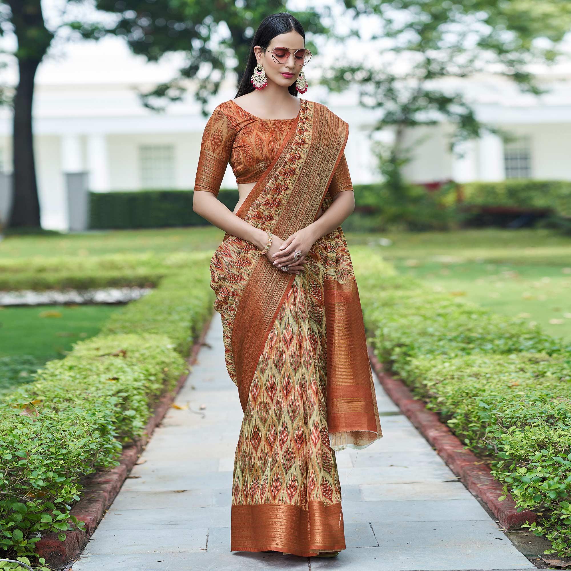 Cream Digital Printed Linen Saree - Peachmode