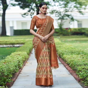Cream Digital Printed Linen Saree - Peachmode
