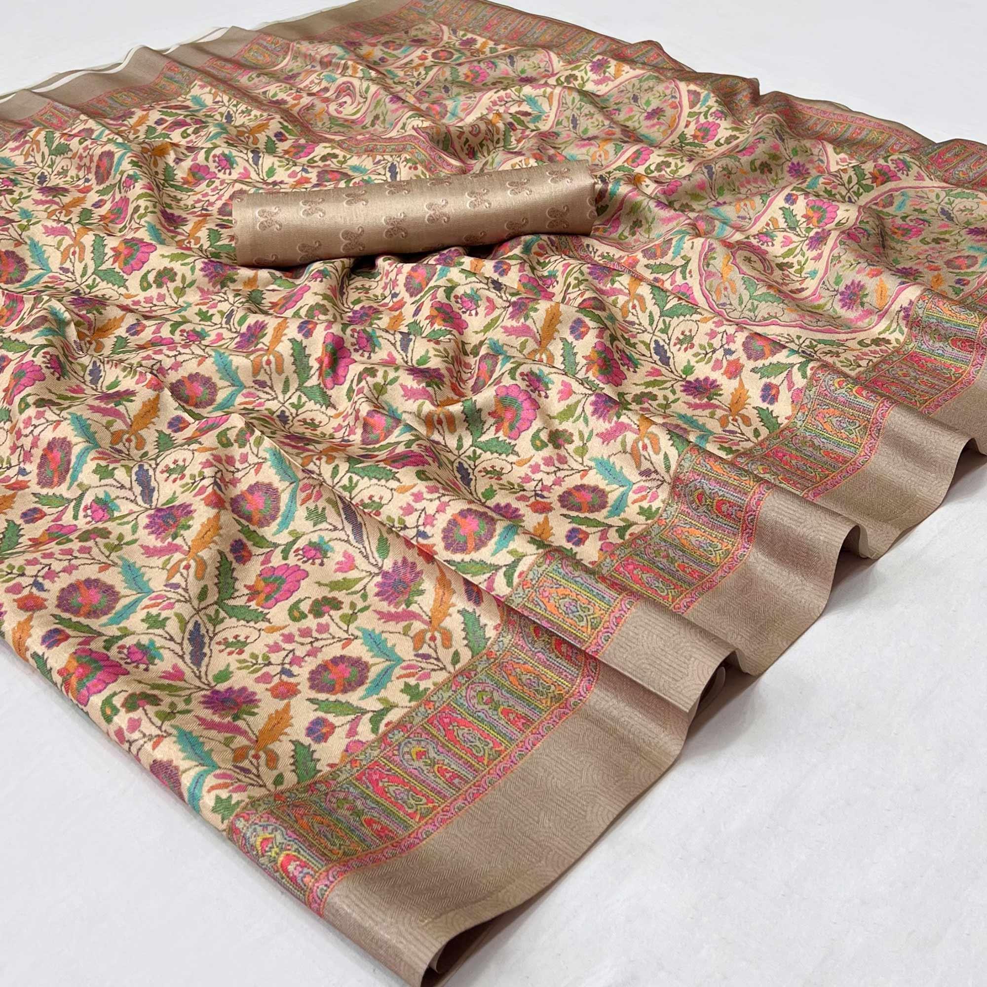 Cream Digital Printed Pashmina Saree - Peachmode