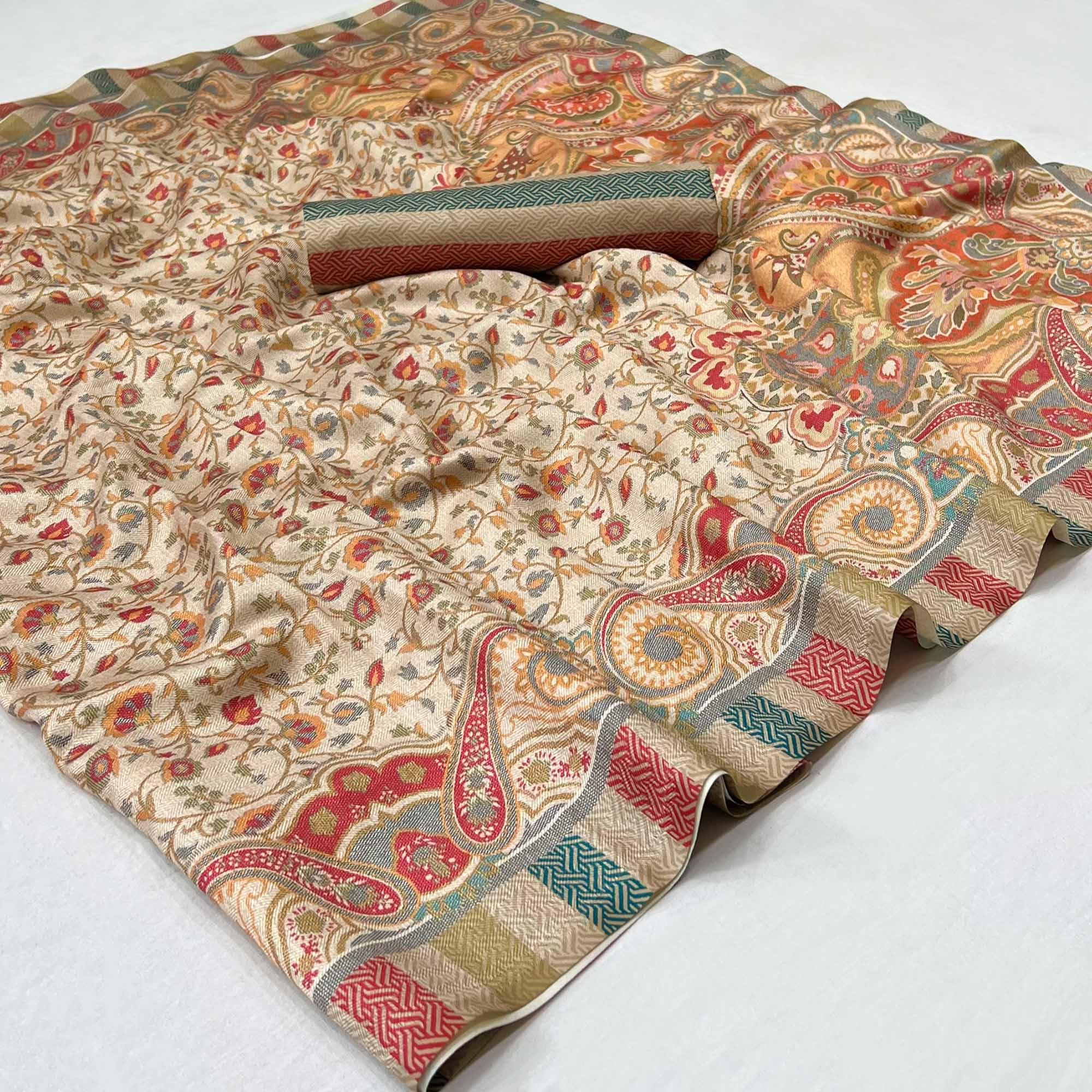 Cream Digital Printed Pashmina Saree - Peachmode