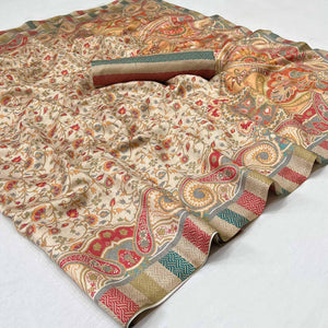 Cream Digital Printed Pashmina Saree - Peachmode