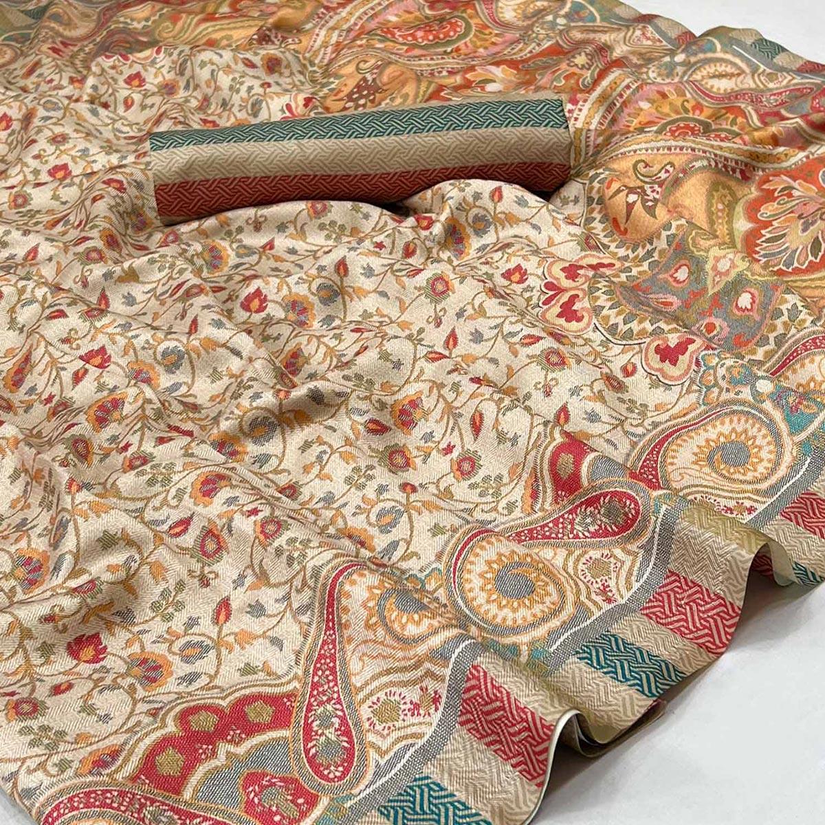 Cream Digital Printed Pashmina Saree - Peachmode