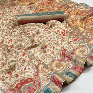 Cream Digital Printed Pashmina Saree - Peachmode