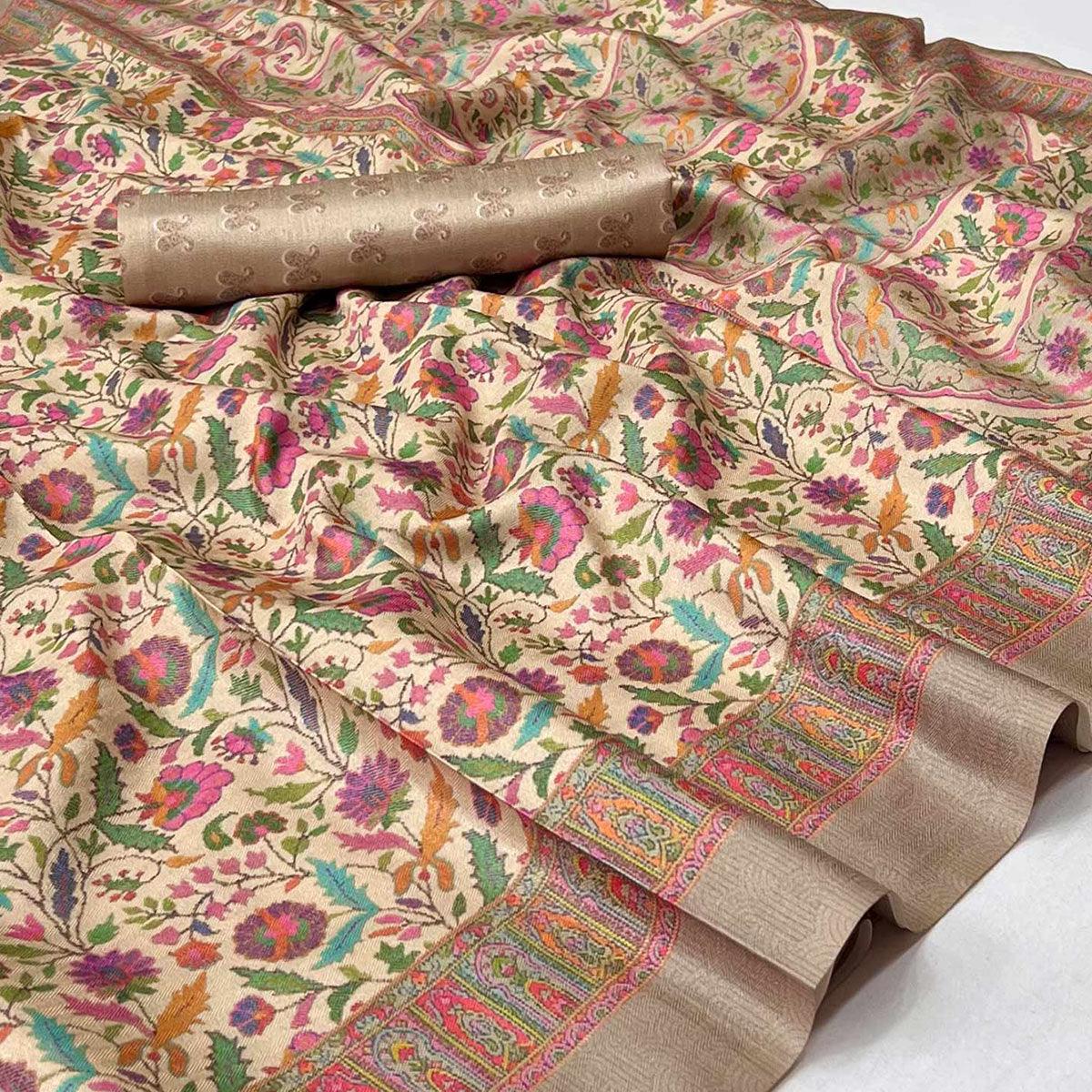 Cream Digital Printed Pashmina Saree - Peachmode