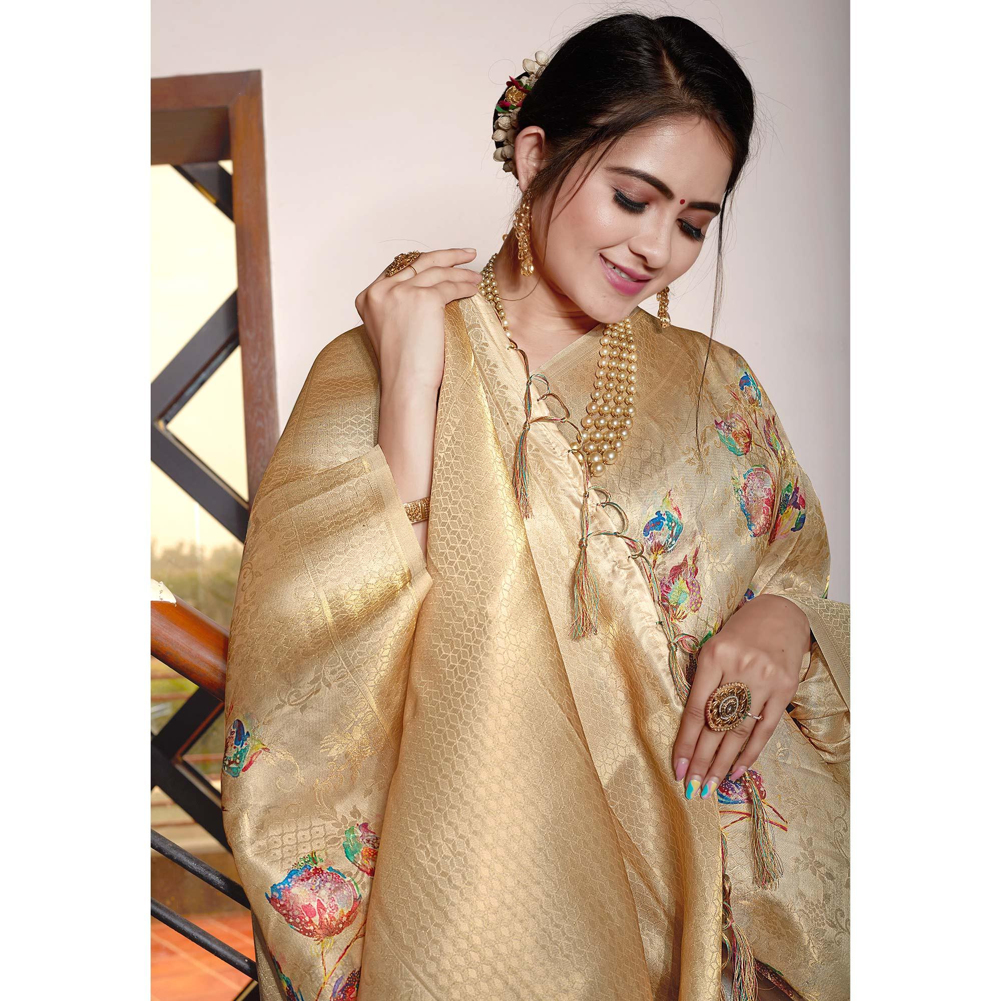 Cream Digital Printed With Woven Art Silk Saree With Tassels - Peachmode