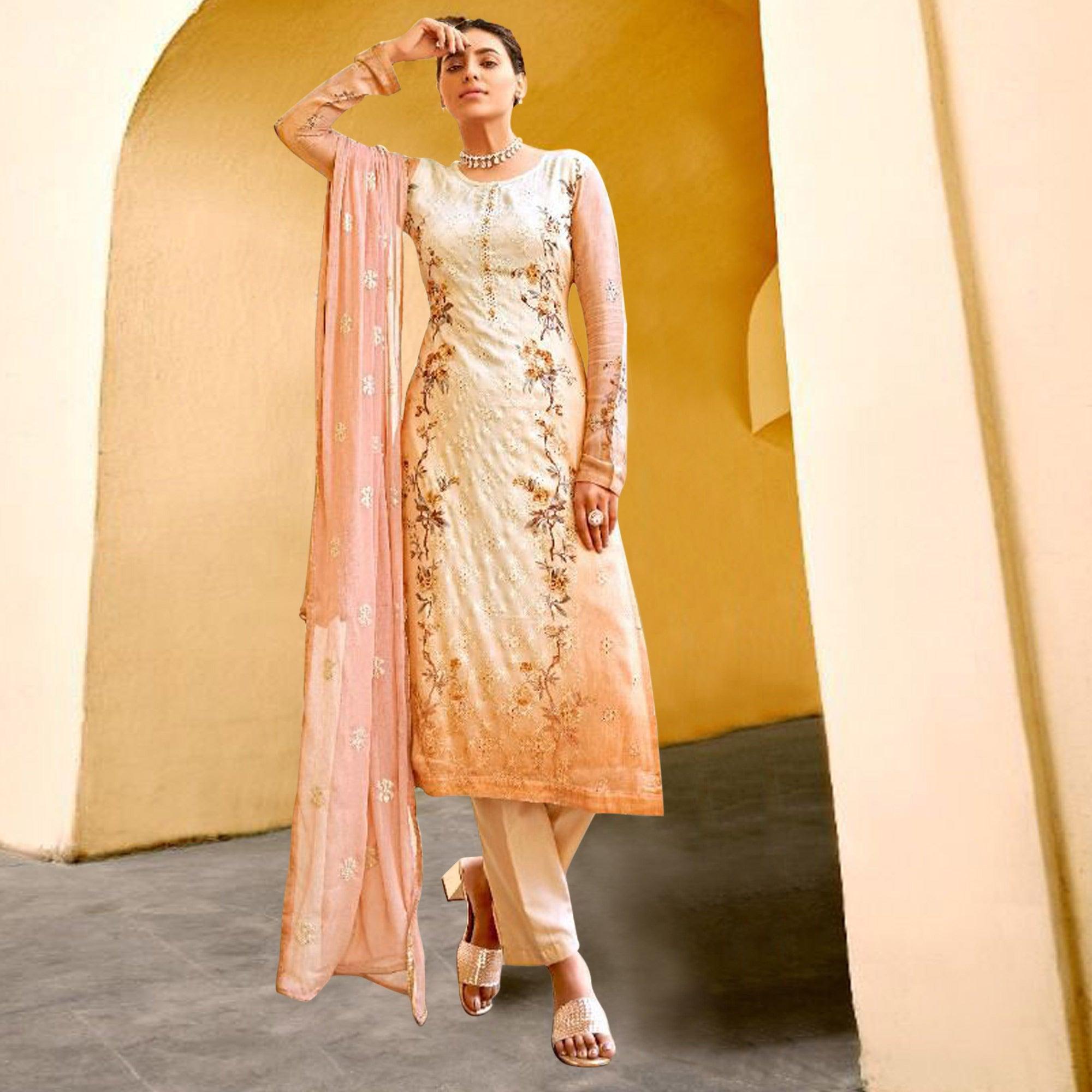 Cream Embellished & Embroidered Chiffon Partywear Suit - Peachmode