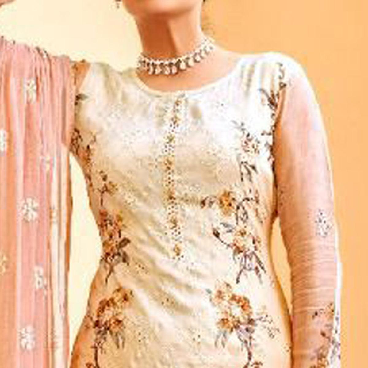 Cream Embellished & Embroidered Chiffon Partywear Suit - Peachmode