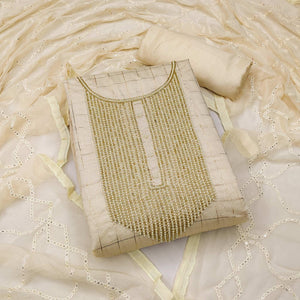 Cream Embellished Chanderi Dress Material - Peachmode