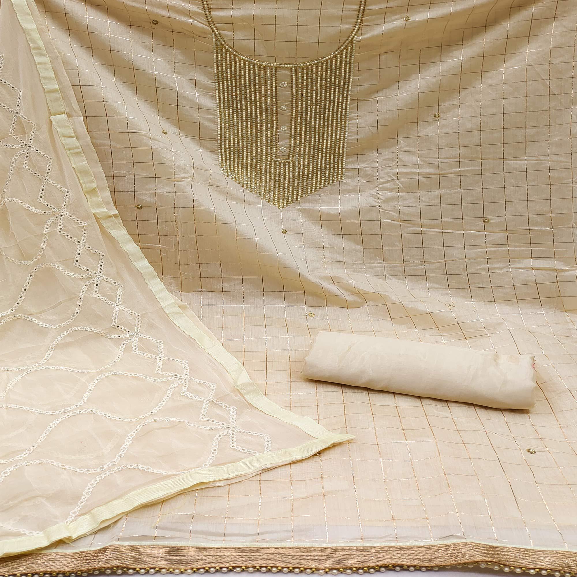 Cream Embellished Chanderi Dress Material - Peachmode