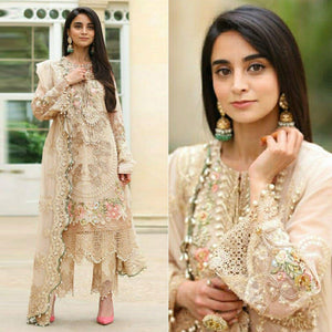Cream Embellished With Embroidered Georgette Pakistani Suit - Peachmode