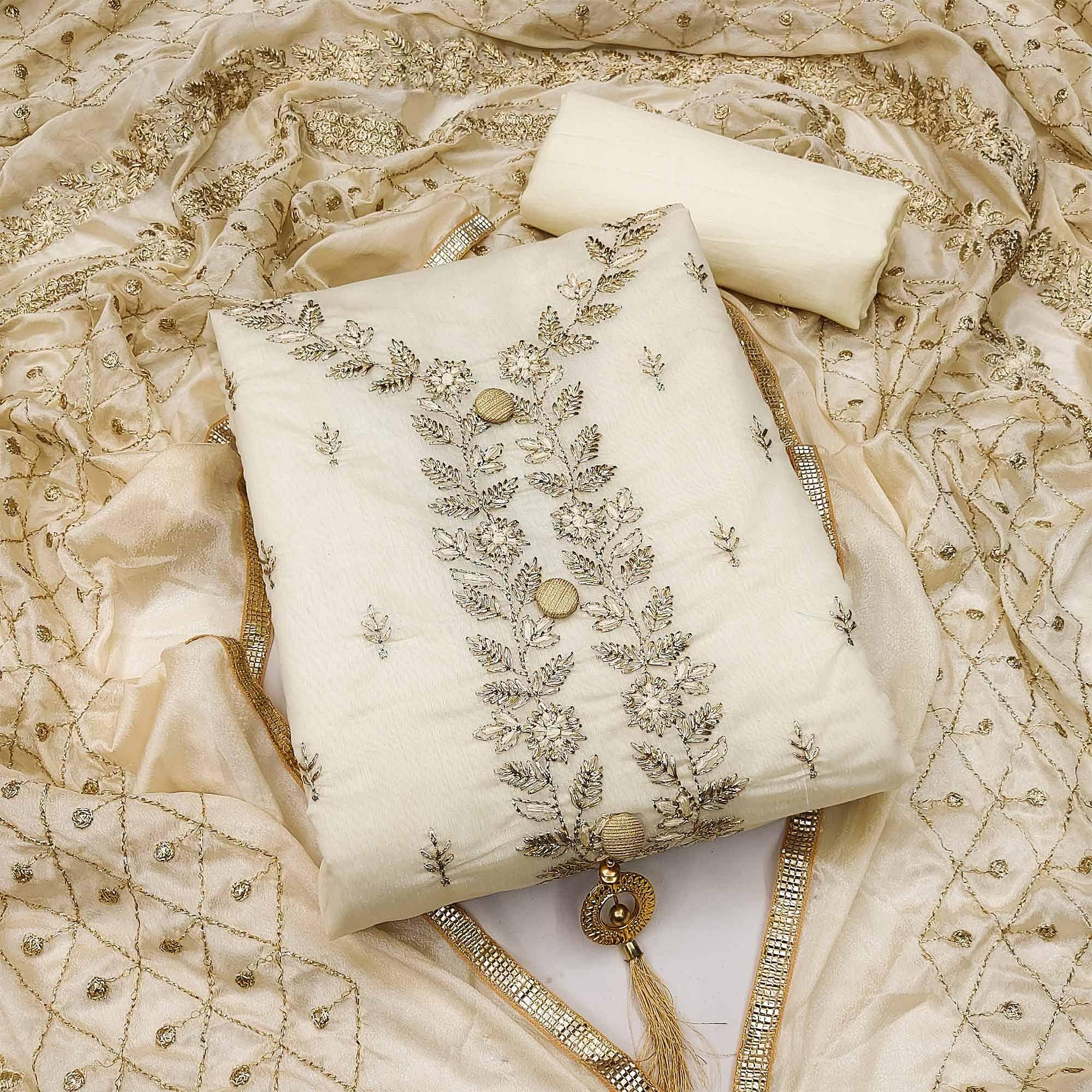 Cream Embroidered Chanderi Dress Material - Peachmode