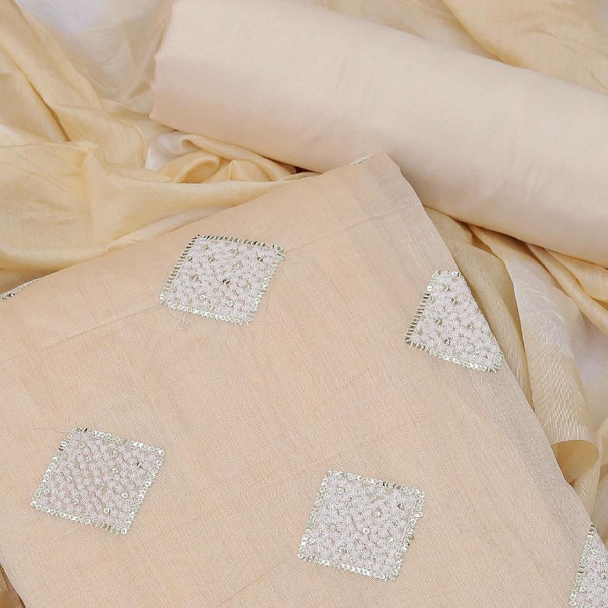 Cream Embroidered Chanderi Dress Material - Peachmode
