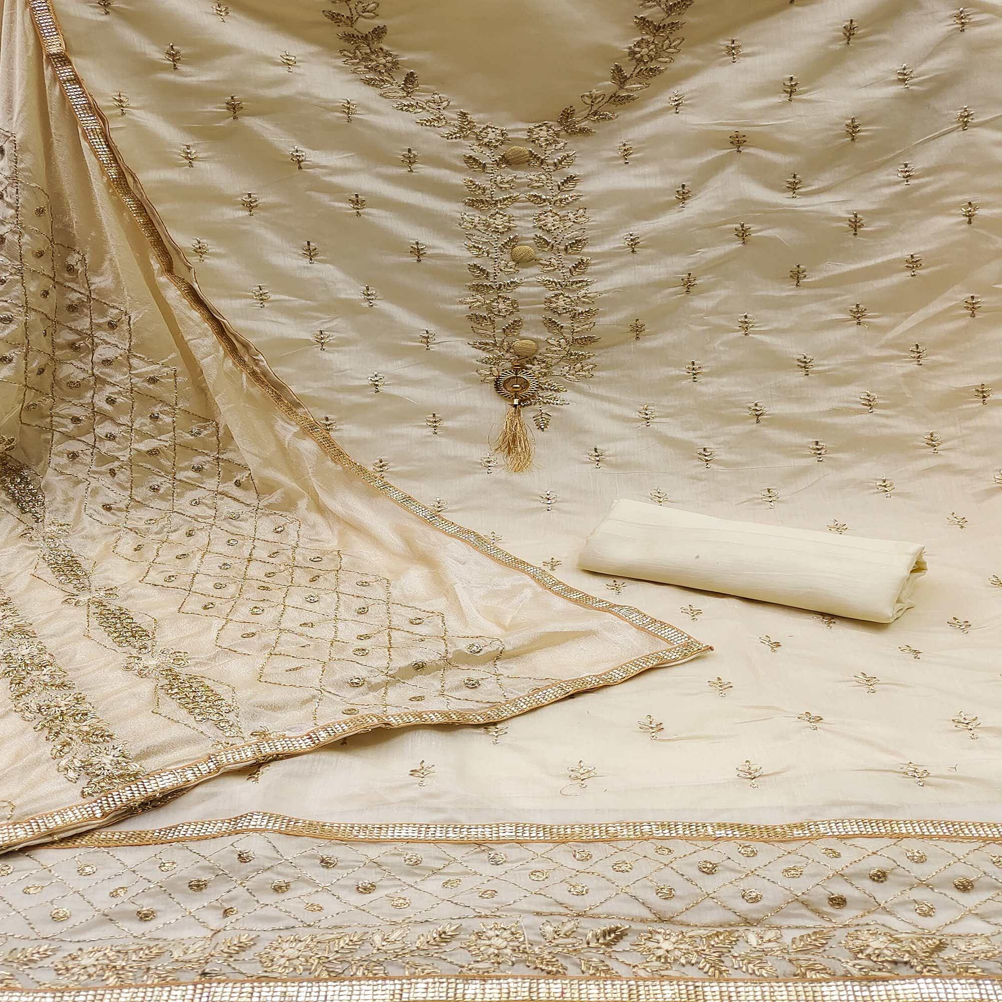 Cream Embroidered Chanderi Dress Material - Peachmode