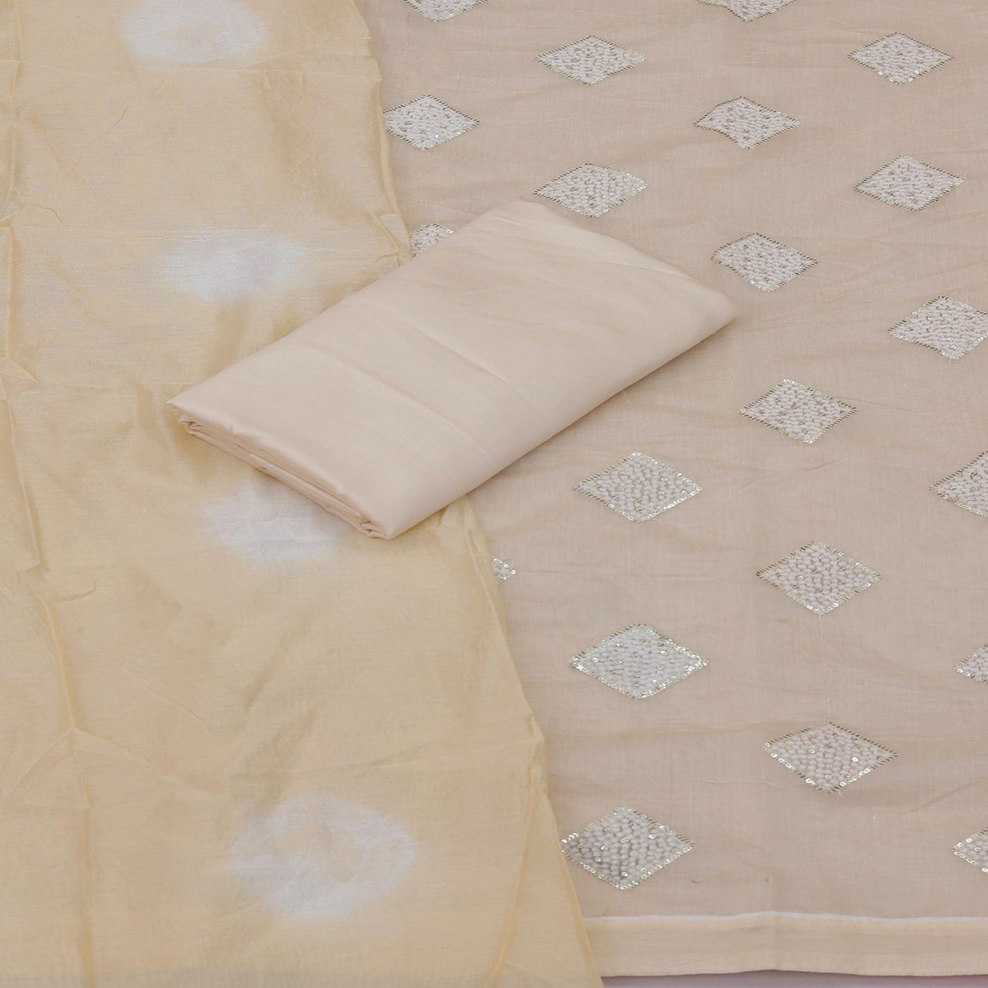 Cream Embroidered Chanderi Dress Material - Peachmode