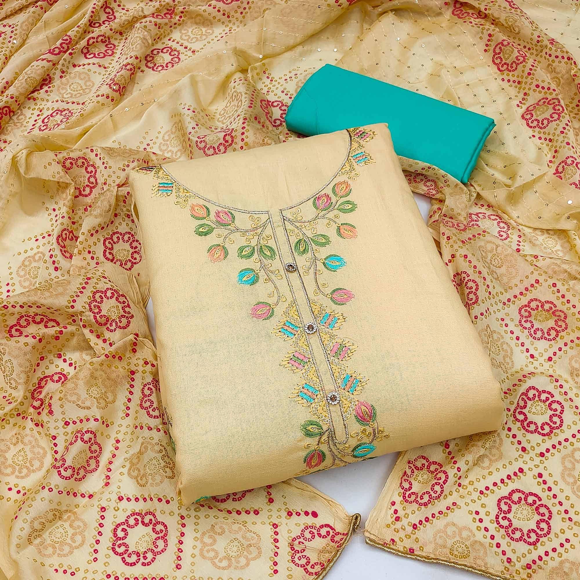 Cream Embroidered Cotton Dress Material - Peachmode