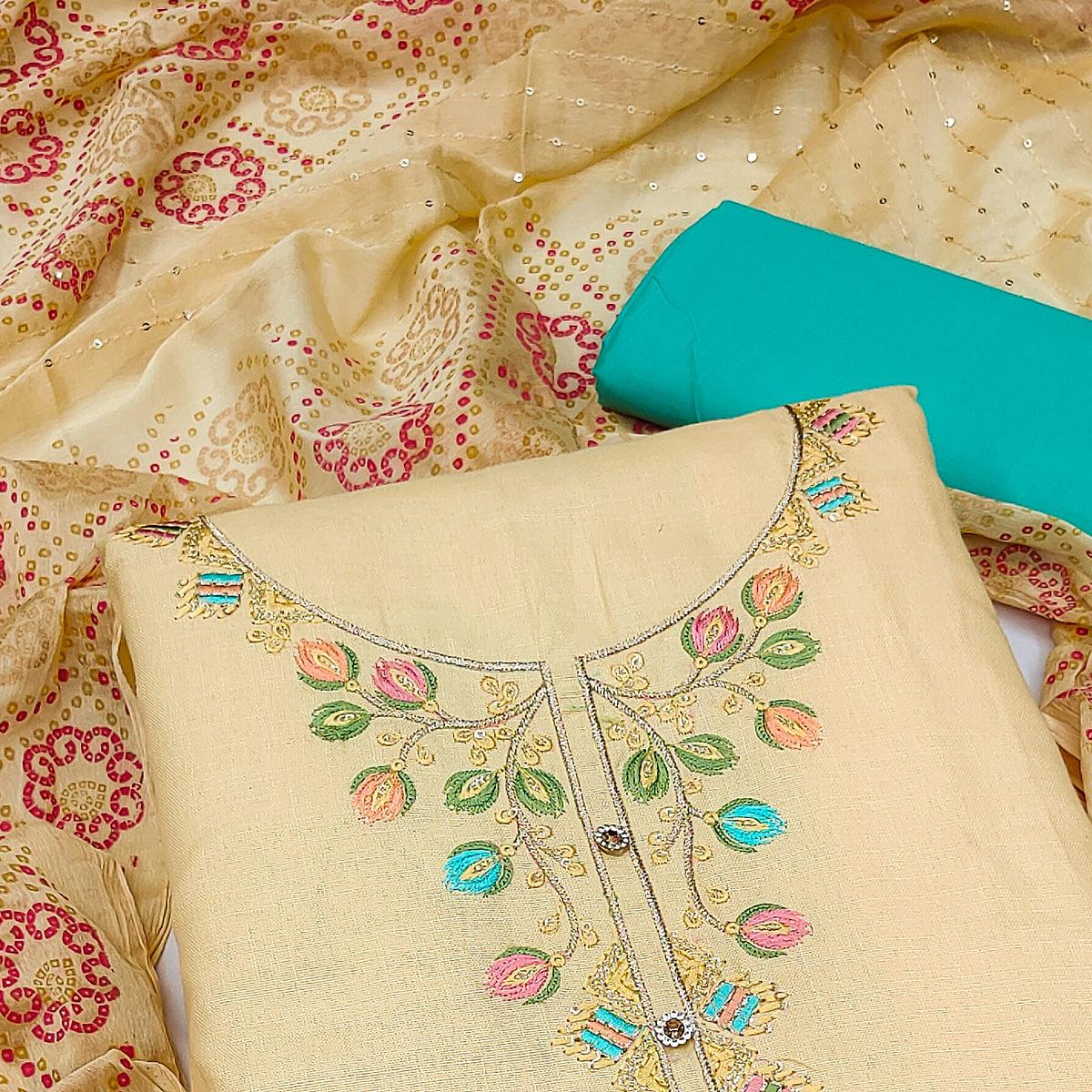 Cream Embroidered Cotton Dress Material - Peachmode
