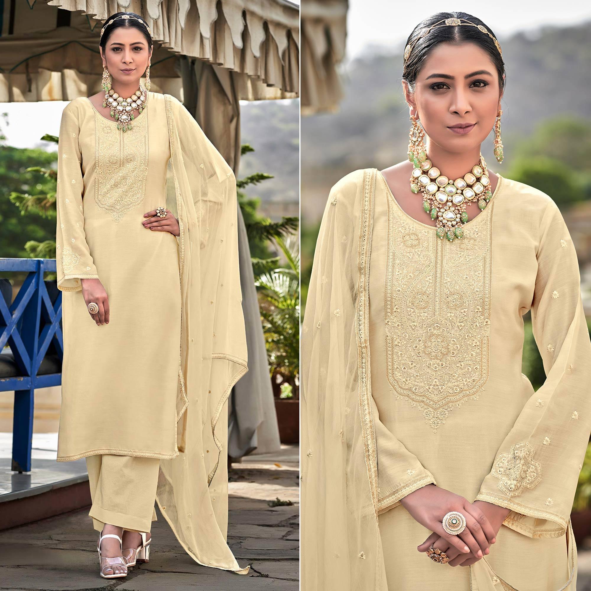 Cream Embroidered Cotton Silk Suit - Peachmode