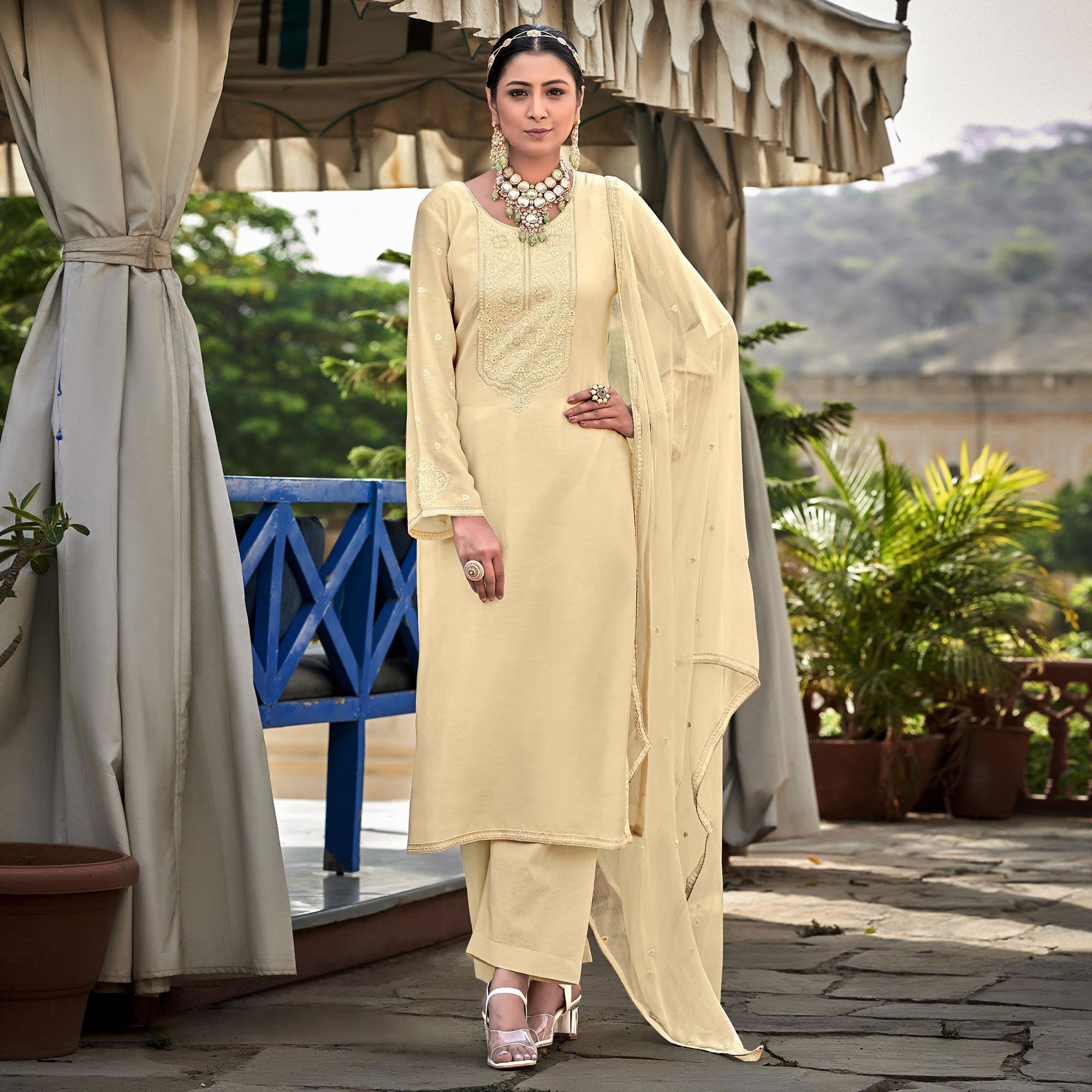 Cream Embroidered Cotton Silk Suit - Peachmode