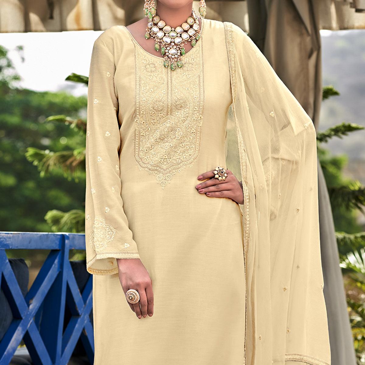 Cream Embroidered Cotton Silk Suit - Peachmode