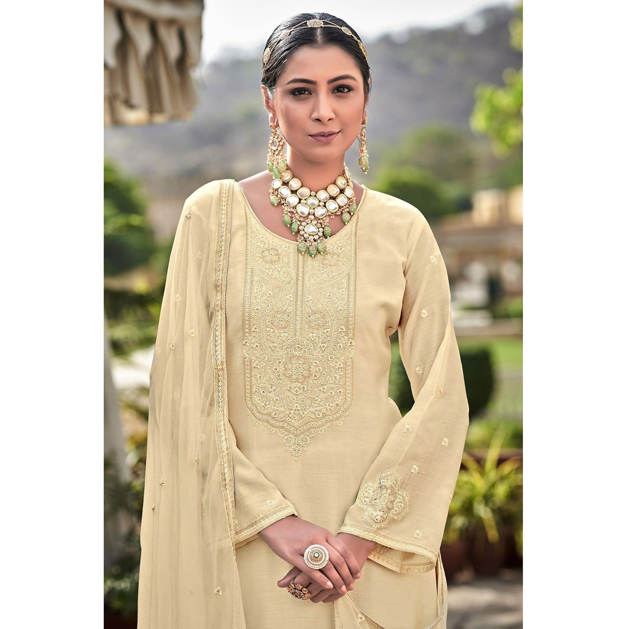 Cream Embroidered Cotton Silk Suit - Peachmode