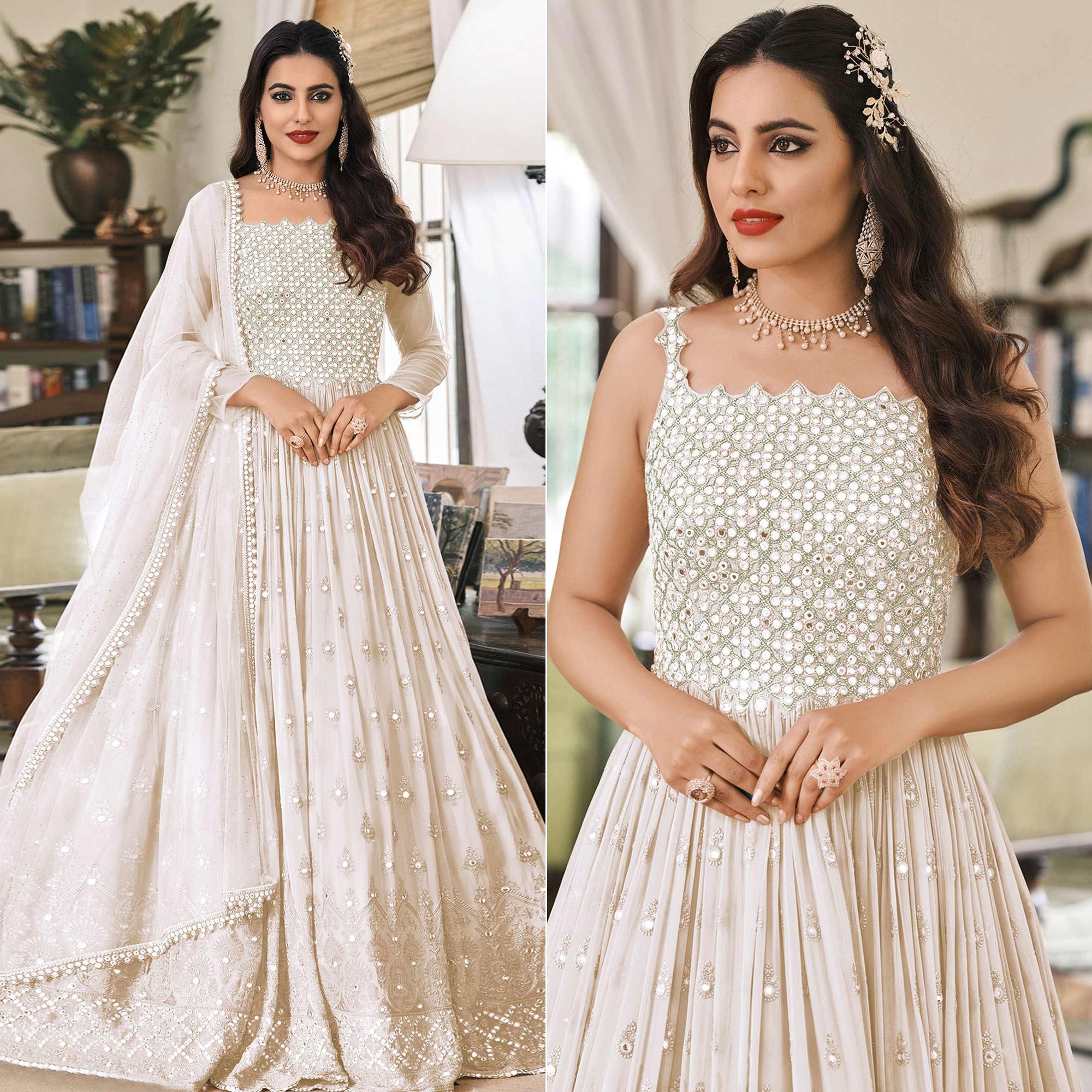 Cream Embroidered Georgette Gown - Peachmode