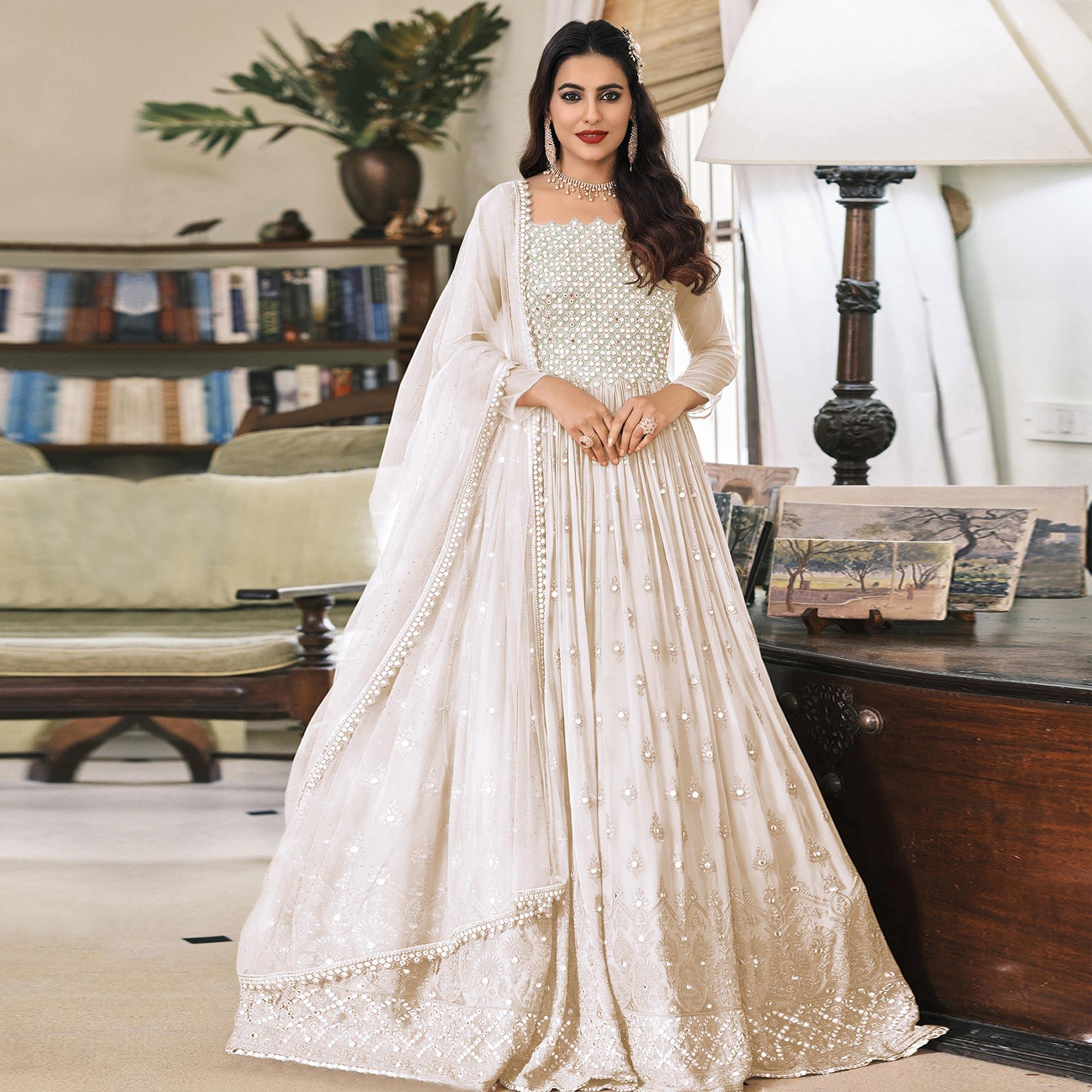 Cream Embroidered Georgette Gown - Peachmode