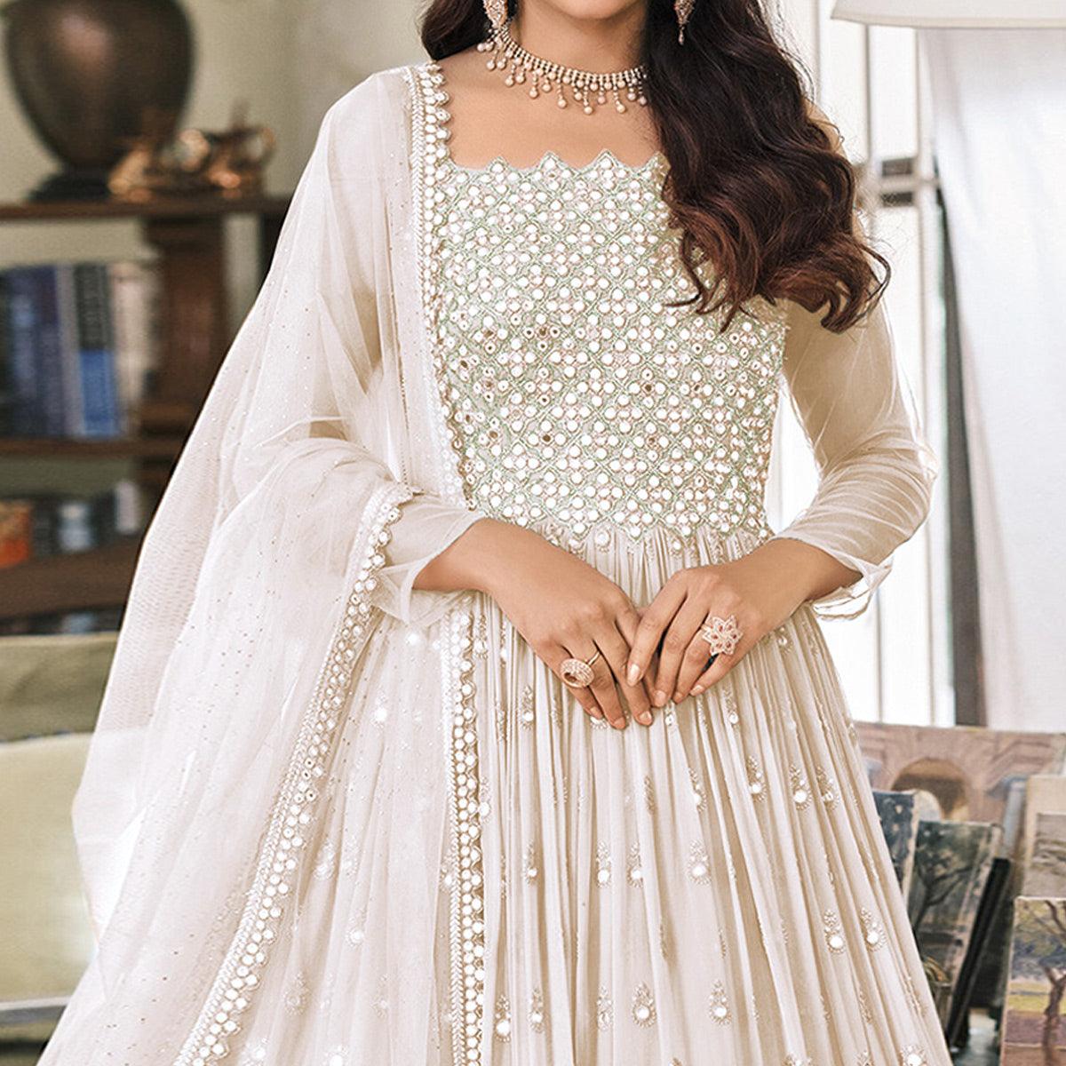 Cream Embroidered Georgette Gown - Peachmode