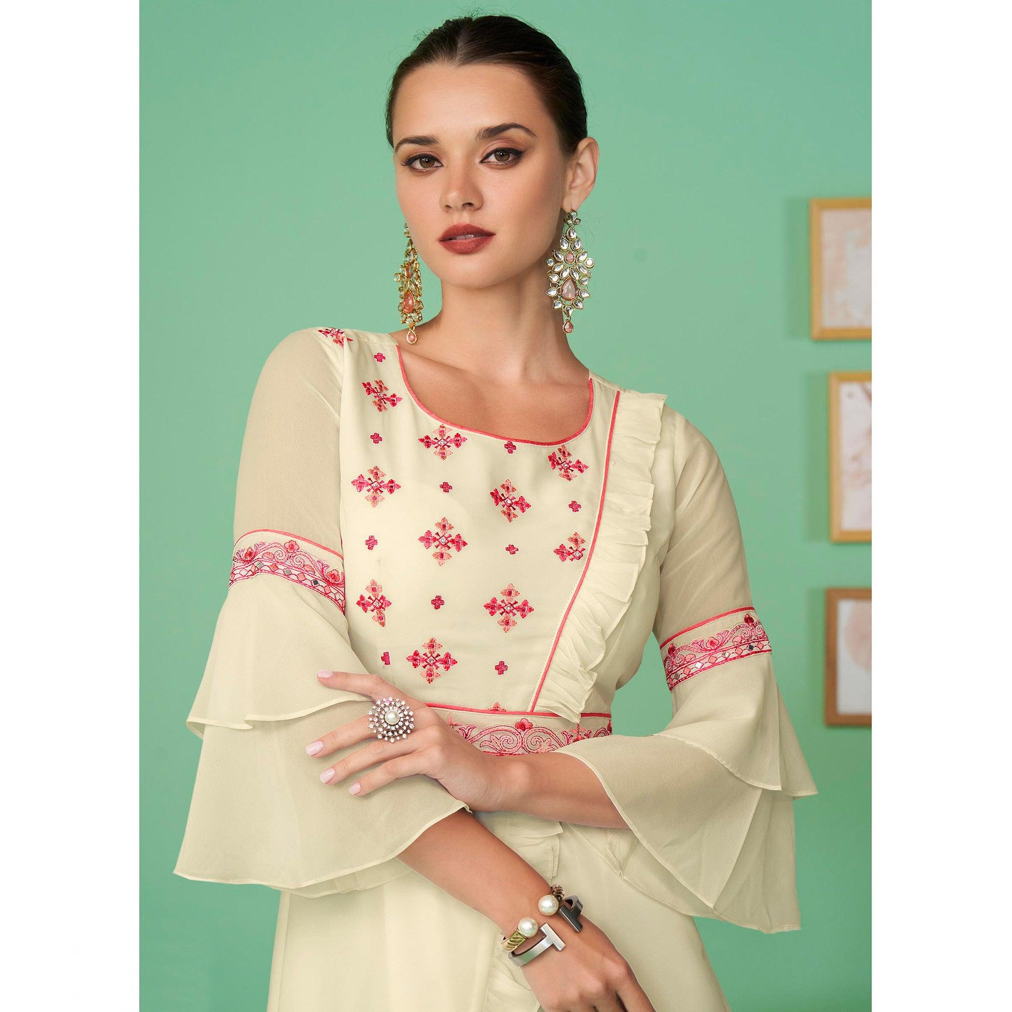 Cream Embroidered Georgette Gown - Peachmode