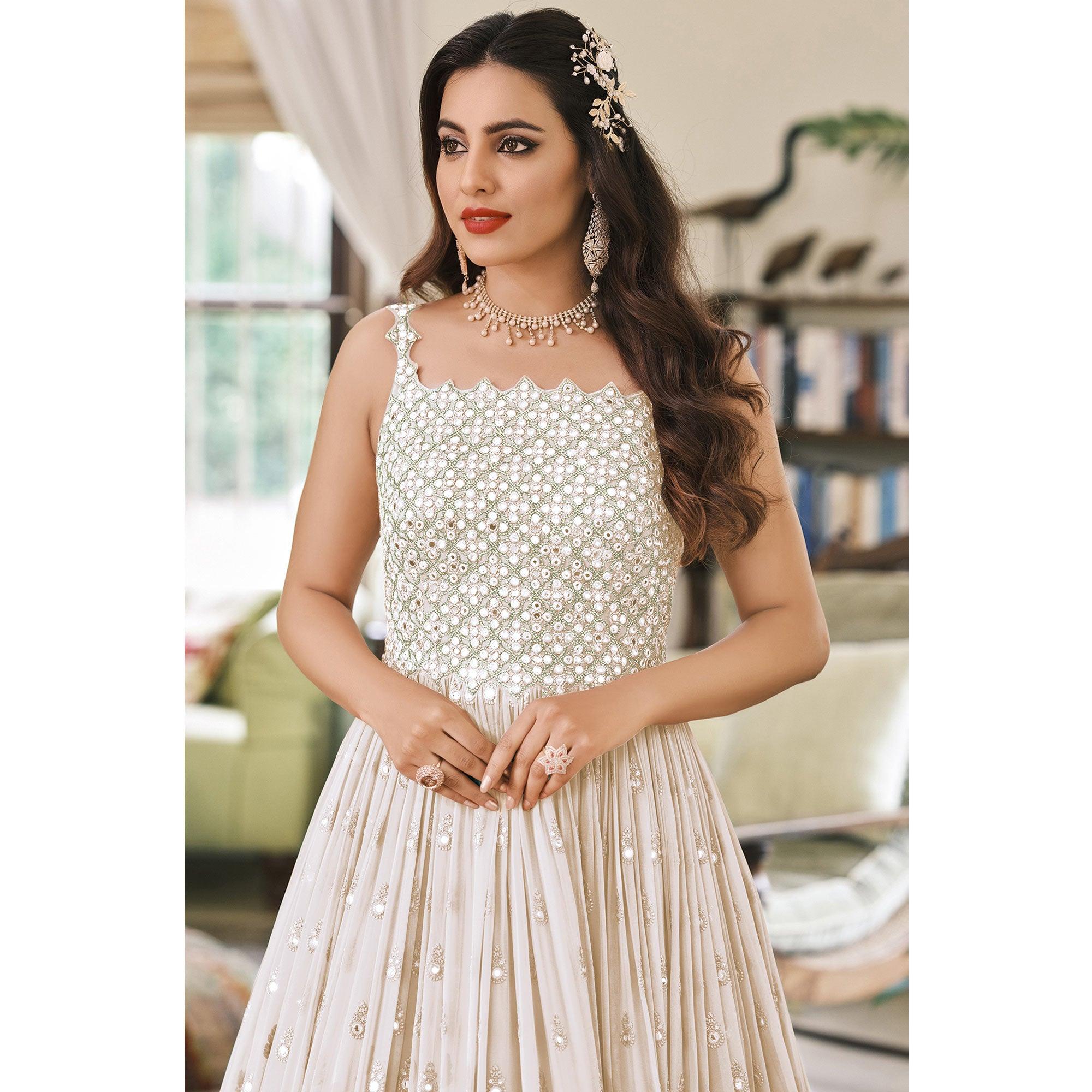 Cream Embroidered Georgette Gown - Peachmode