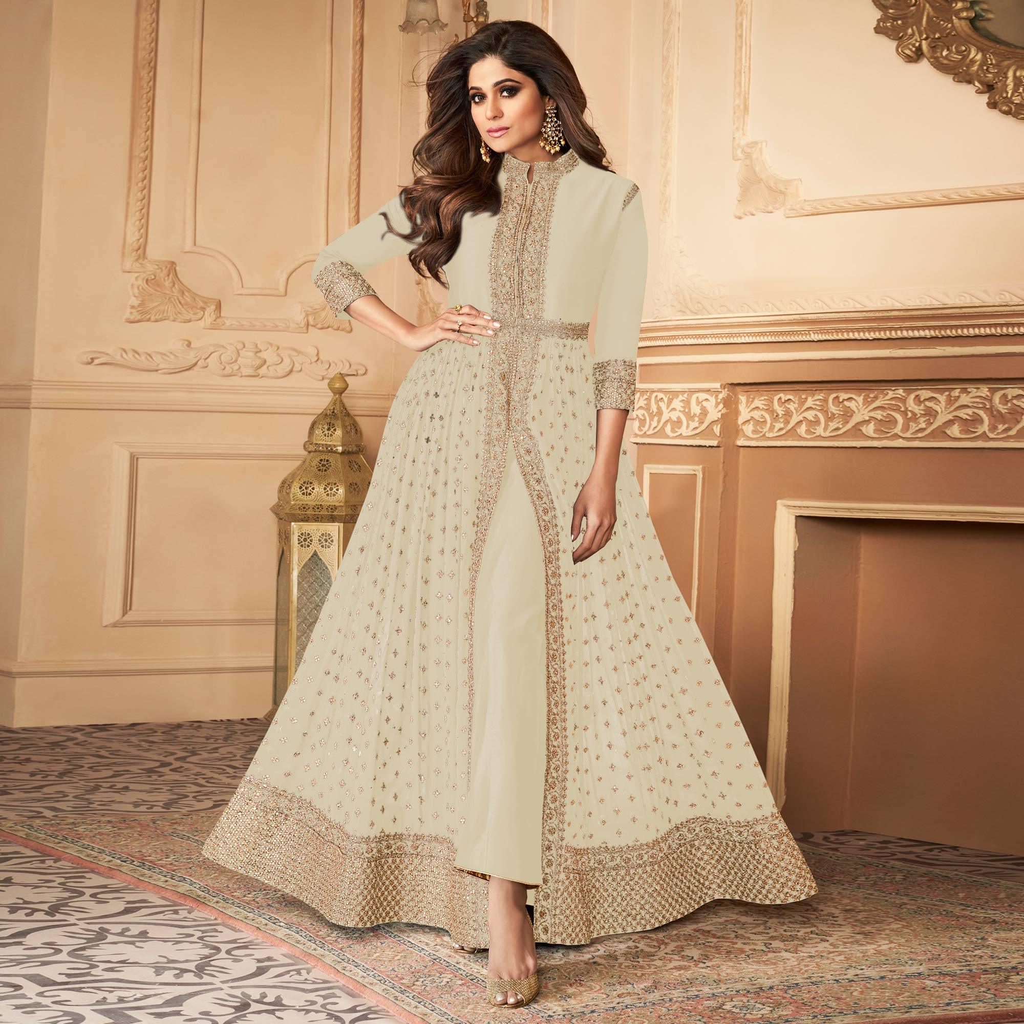 Cream Embroidered Georgette Partywear Gown - Peachmode