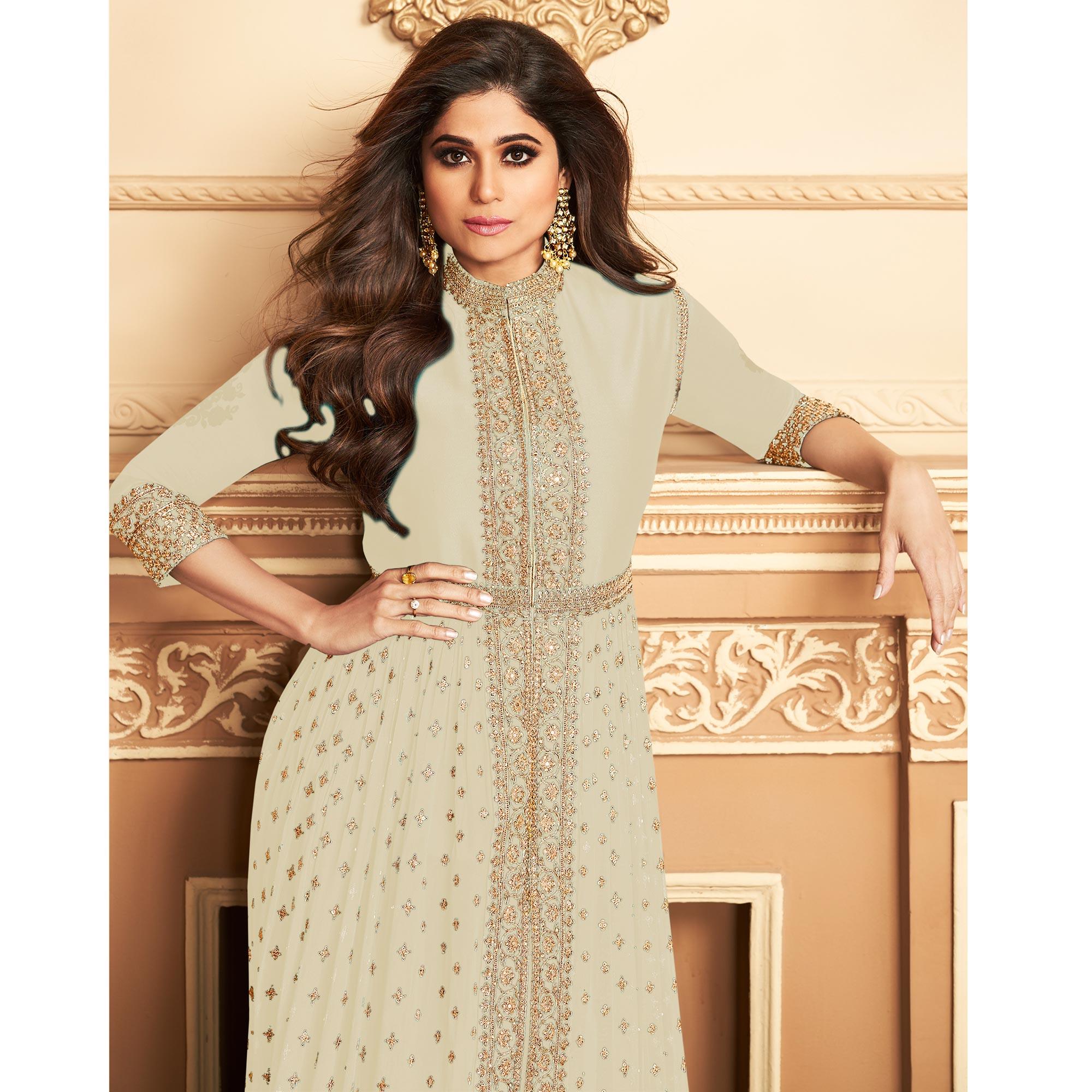 Cream Embroidered Georgette Partywear Gown - Peachmode