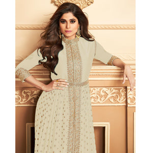 Cream Embroidered Georgette Partywear Gown - Peachmode