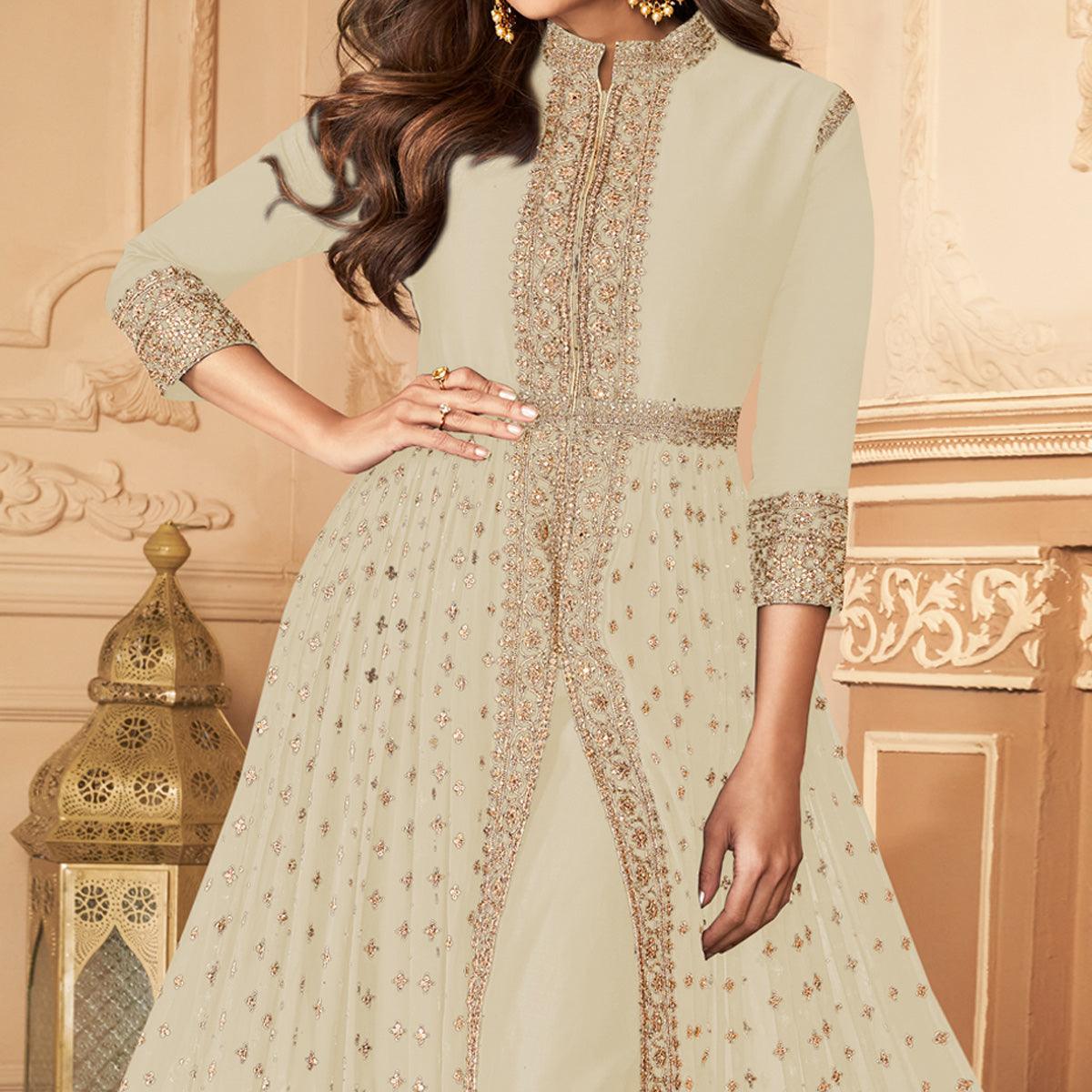 Cream Embroidered Georgette Partywear Gown - Peachmode