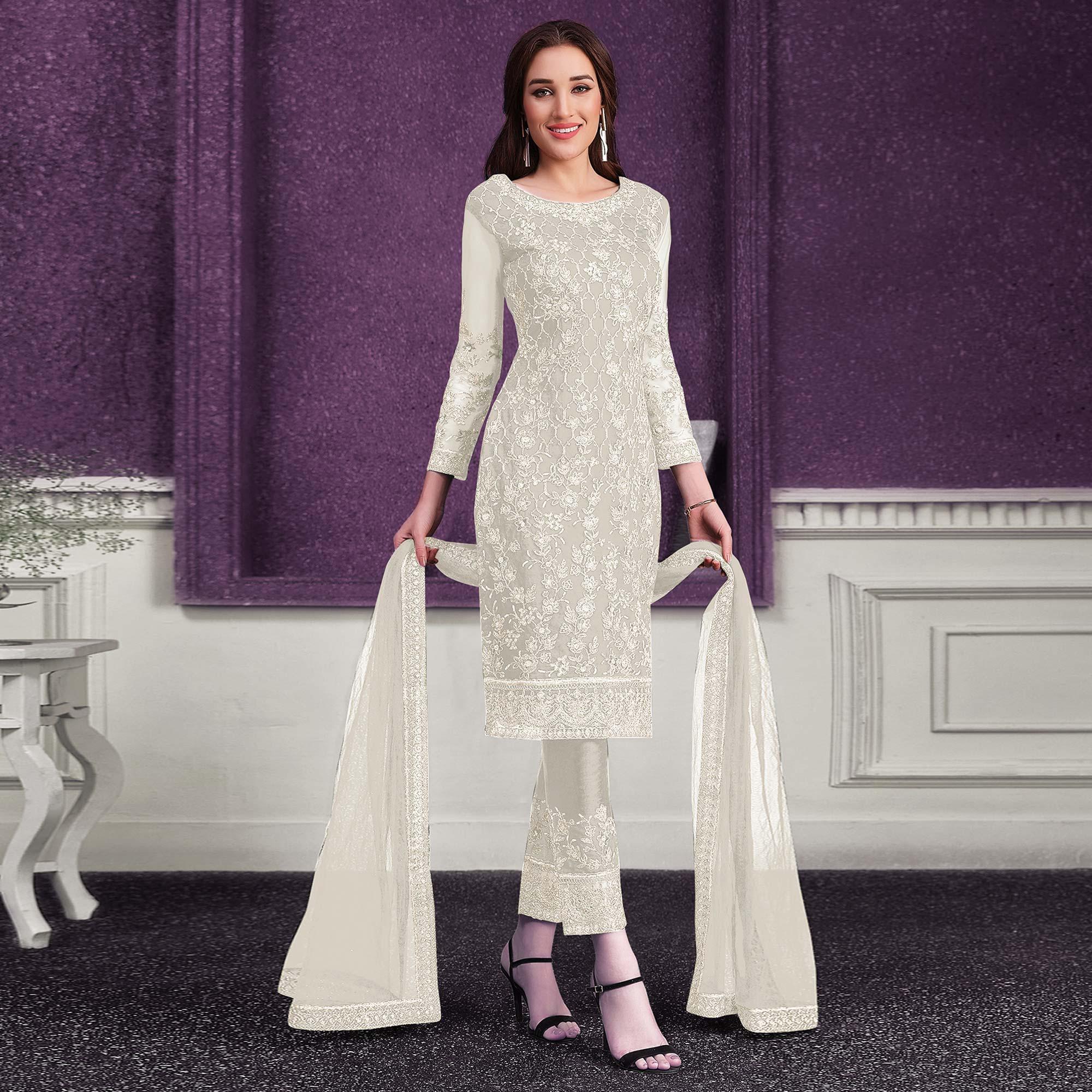 Cream Embroidered Netted Suit - Peachmode