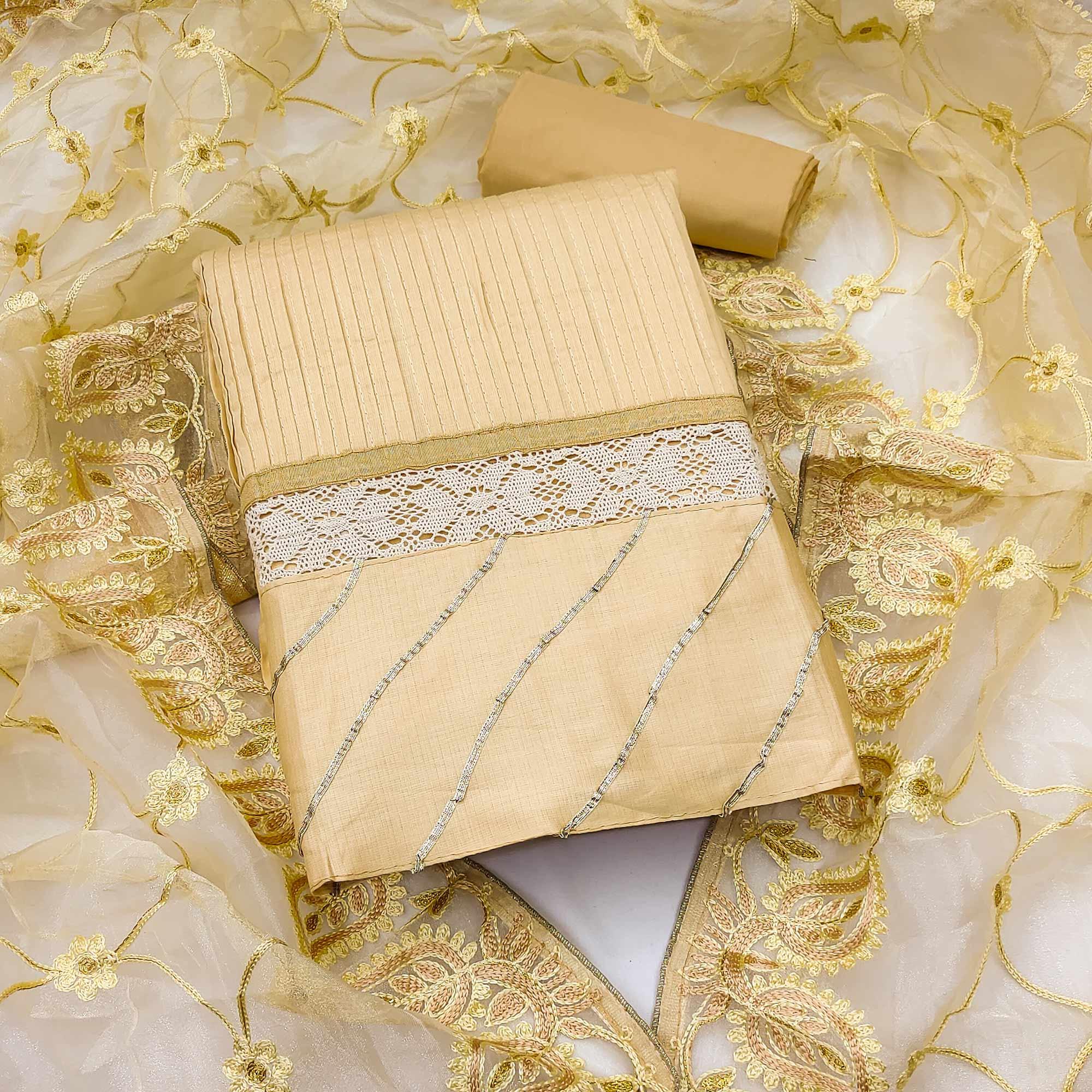 Cream Embroidered Pure Cotton Dress Material - Peachmode