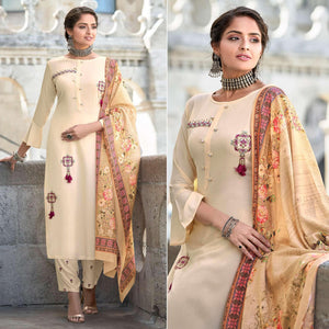 Cream Embroidered Rayon Kurti Pant Set With Dupatta - Peachmode