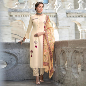 Cream Embroidered Rayon Kurti Pant Set With Dupatta - Peachmode