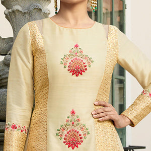Cream Embroidered With Embellished Art Silk Lehenga Kameez With Dupatta - Peachmode