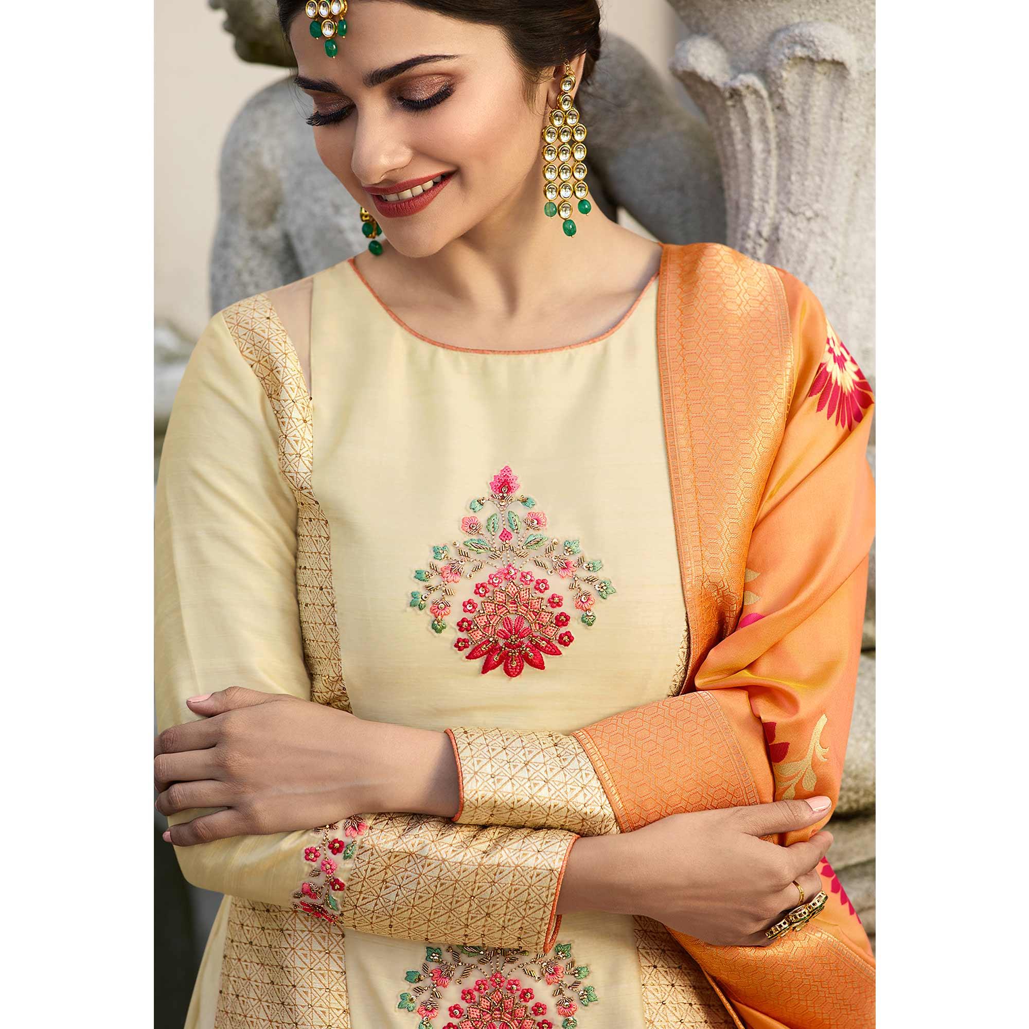 Cream Embroidered With Embellished Art Silk Lehenga Kameez With Dupatta - Peachmode