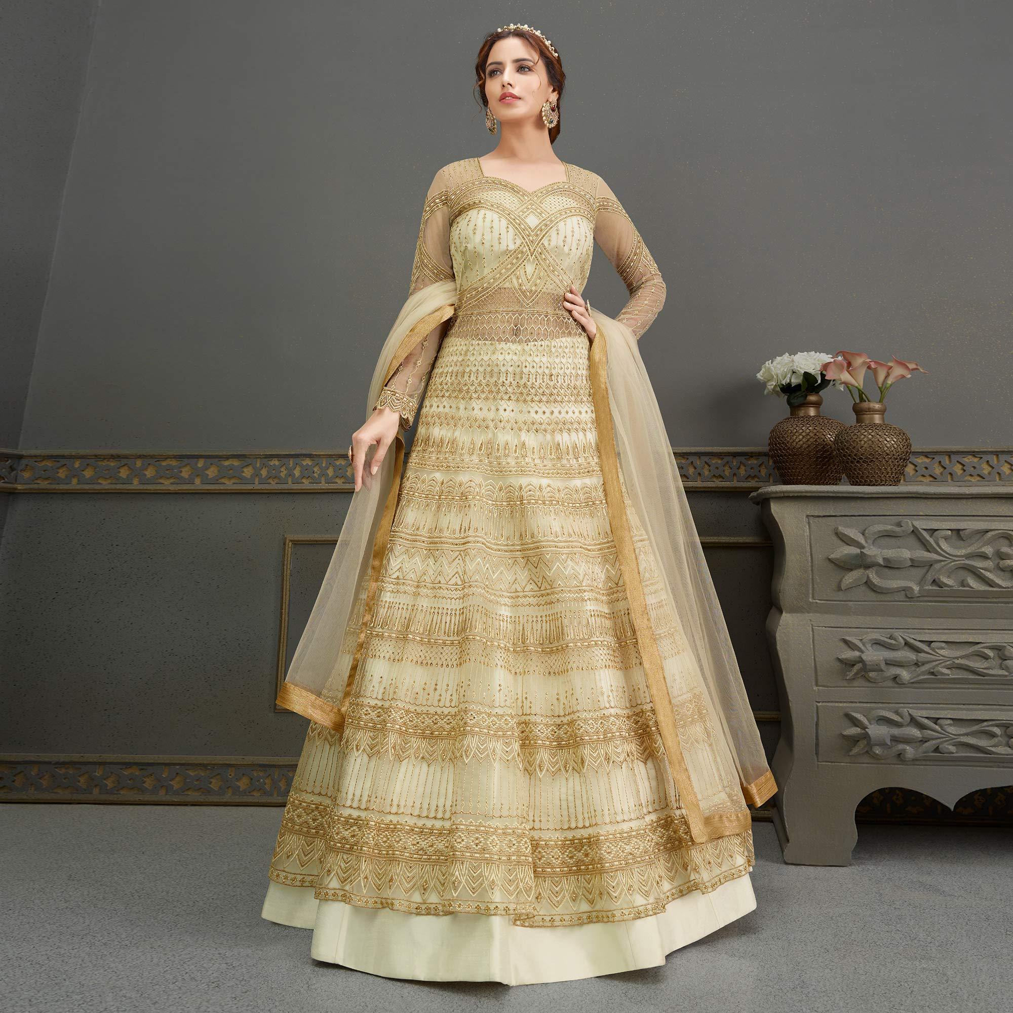 Cream Embroidered With Handwork Soft Net Partywear Gown - Peachmode