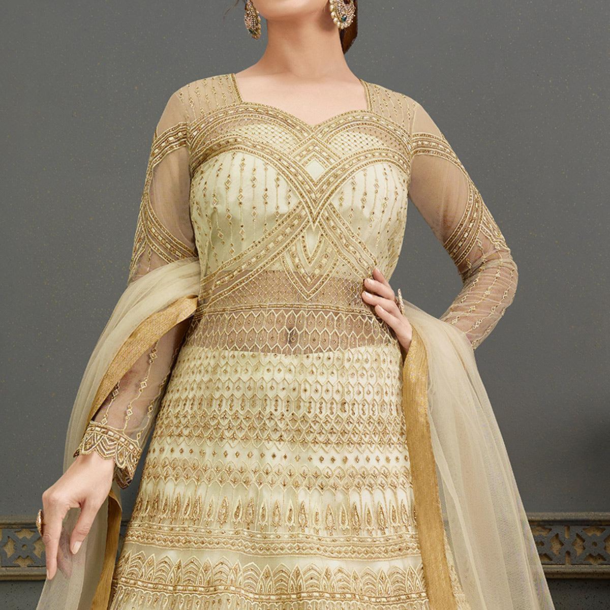 Cream Embroidered With Handwork Soft Net Partywear Gown - Peachmode