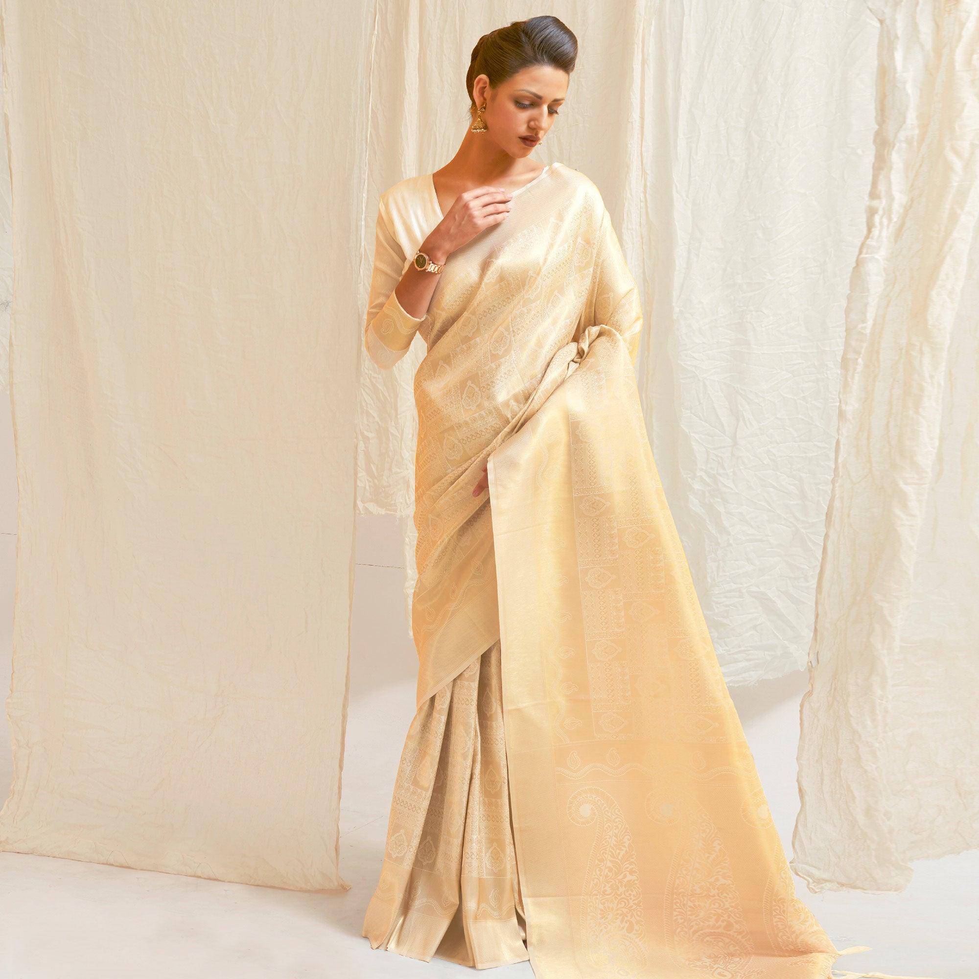 Cream Festive Wear Designer Woven Silk Saree - Peachmode